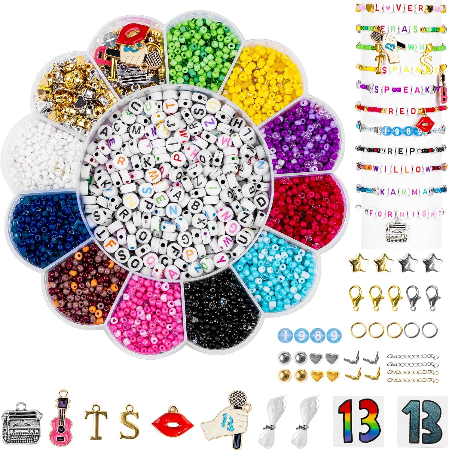 Goldwise Friendship Bracelet Kit for ERAS Tour, 30 Colors(Album Inspired) 3mm Glass Seed Beads for Jewelry Making, Letter Beads (A-Z) with Charms, 13" Tattoo Sticker, DIY Crafts for Gifts Birthday
