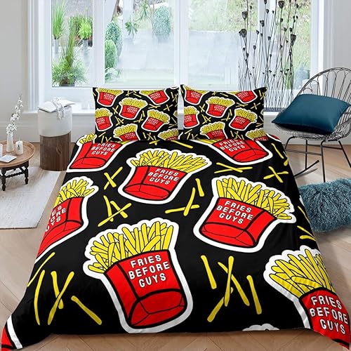 Feelyou Juego de funda de edredón de comida deliciosa papas fritas para niños y niñas, comida frita, funda de edredón de comida rápida con estampado