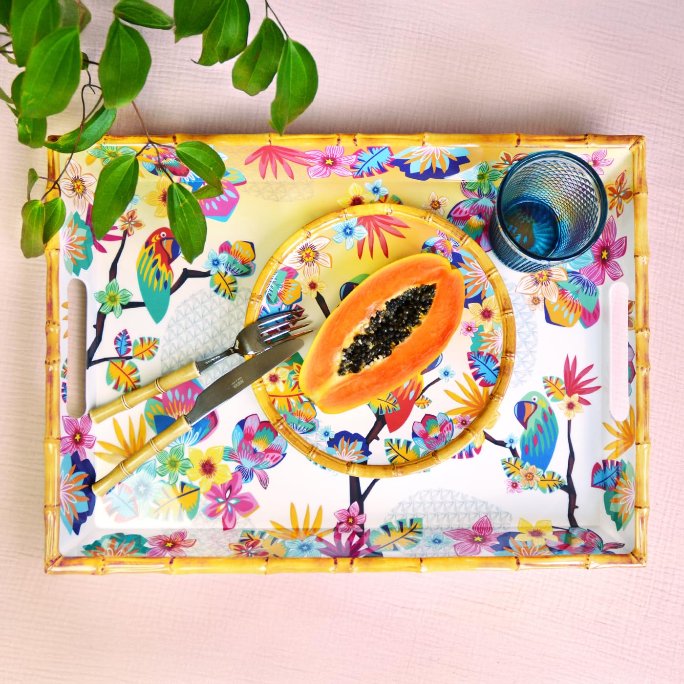 Les Jardins de la Comtesse – Bandeja grande rectangular con asas de melamina – Loros de Bahía – 50 cm – Multicolor – Vajilla cuasi-irrompible MelARTmine