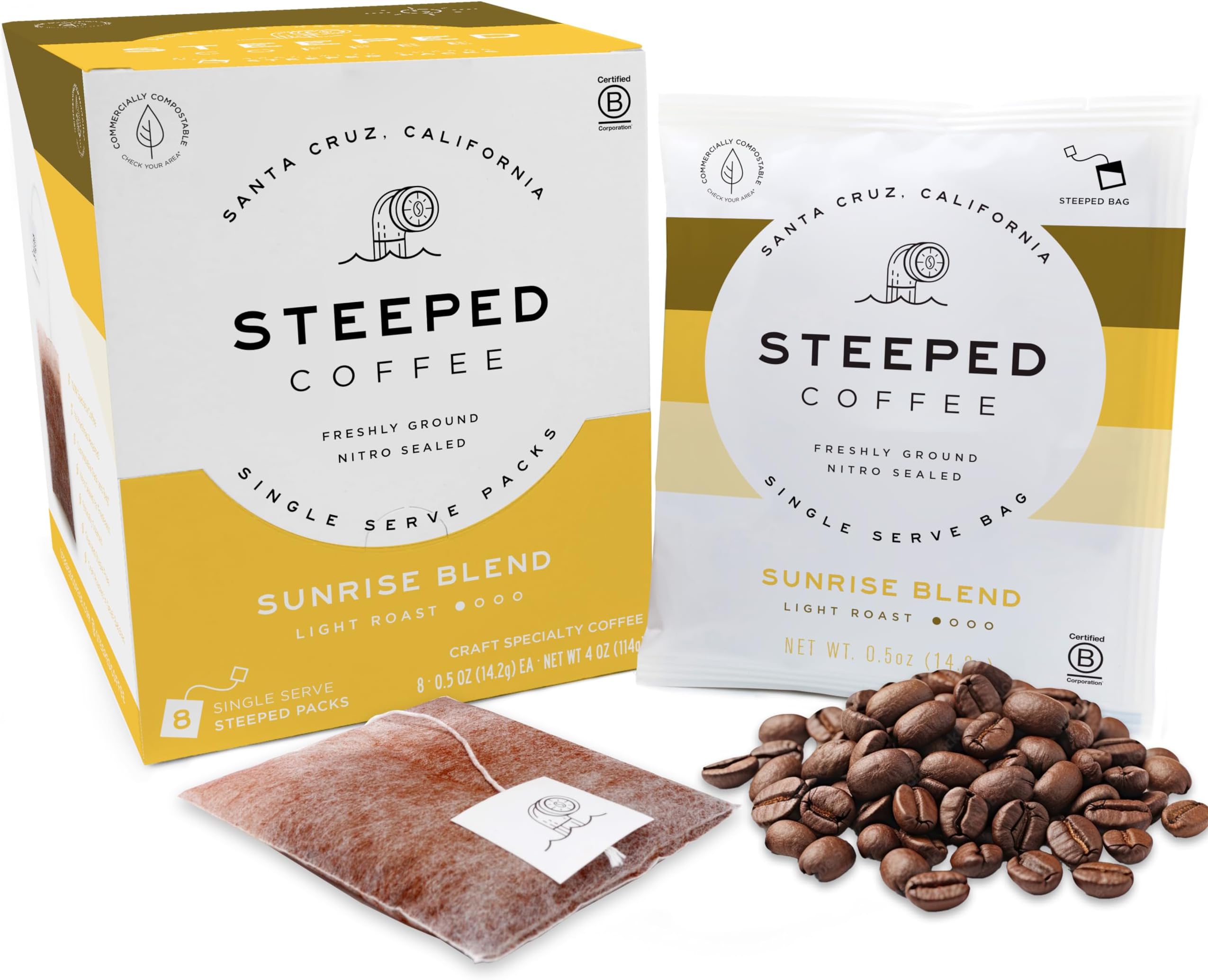 Steeped Coffee Tea Bags - Single Serve Pouches - Eco-Friendly, Hand Roasted Freshly Ground Coffee - Instant Brew, Just Add Water - Travel Size - Nitro Sealed - Sunrise Blend (Light Roast, 8 Count Pack)