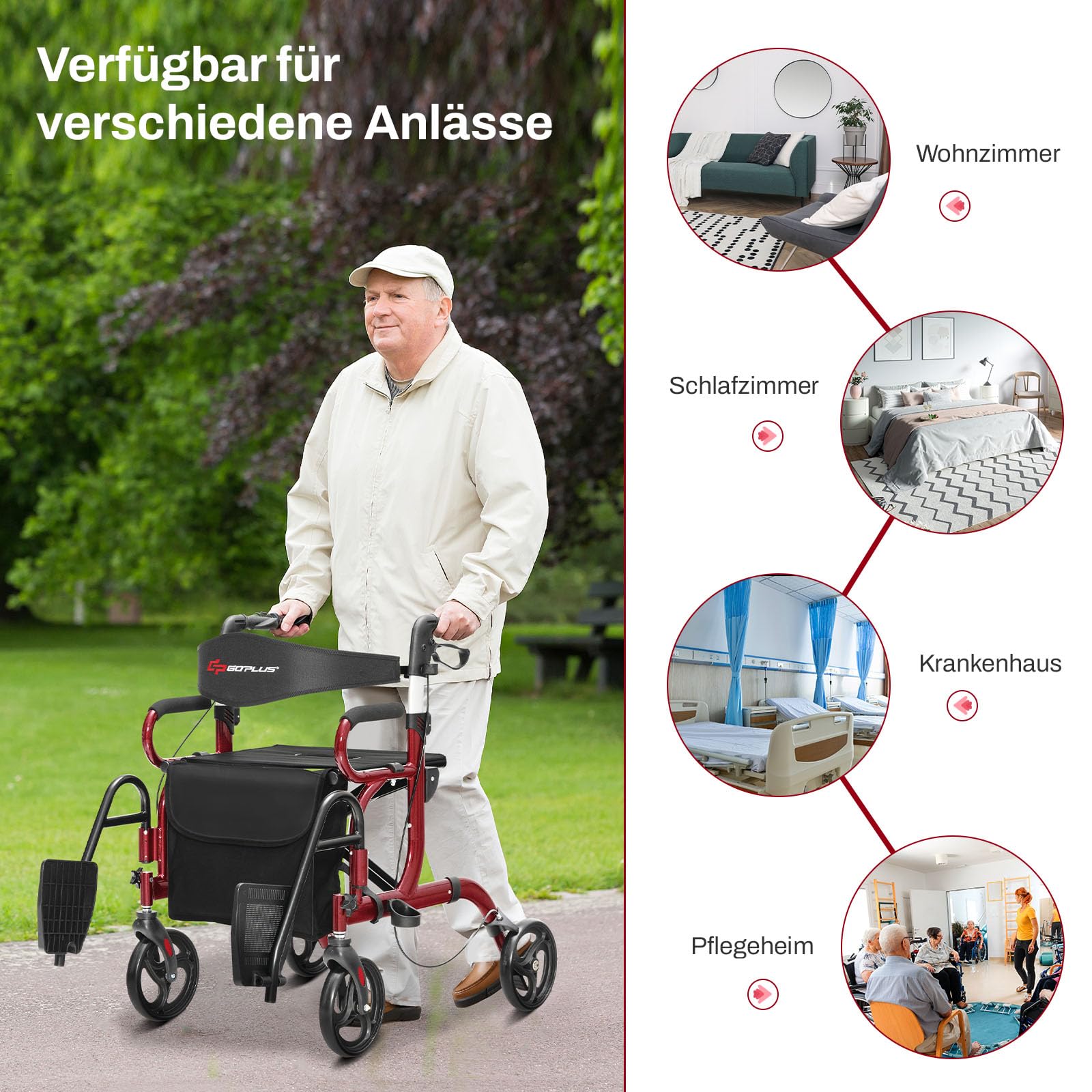 COSTWAY Rollator faltbar und leicht mit Sitz, 2 in 1 Rollstuhl & Reiserollator, Gehhilfe 6-fach höhenverstellbar, Gehwagen mit Tasche & Bremse & Stockhalter, Aluminium, klappbar für Senioren (Rot)