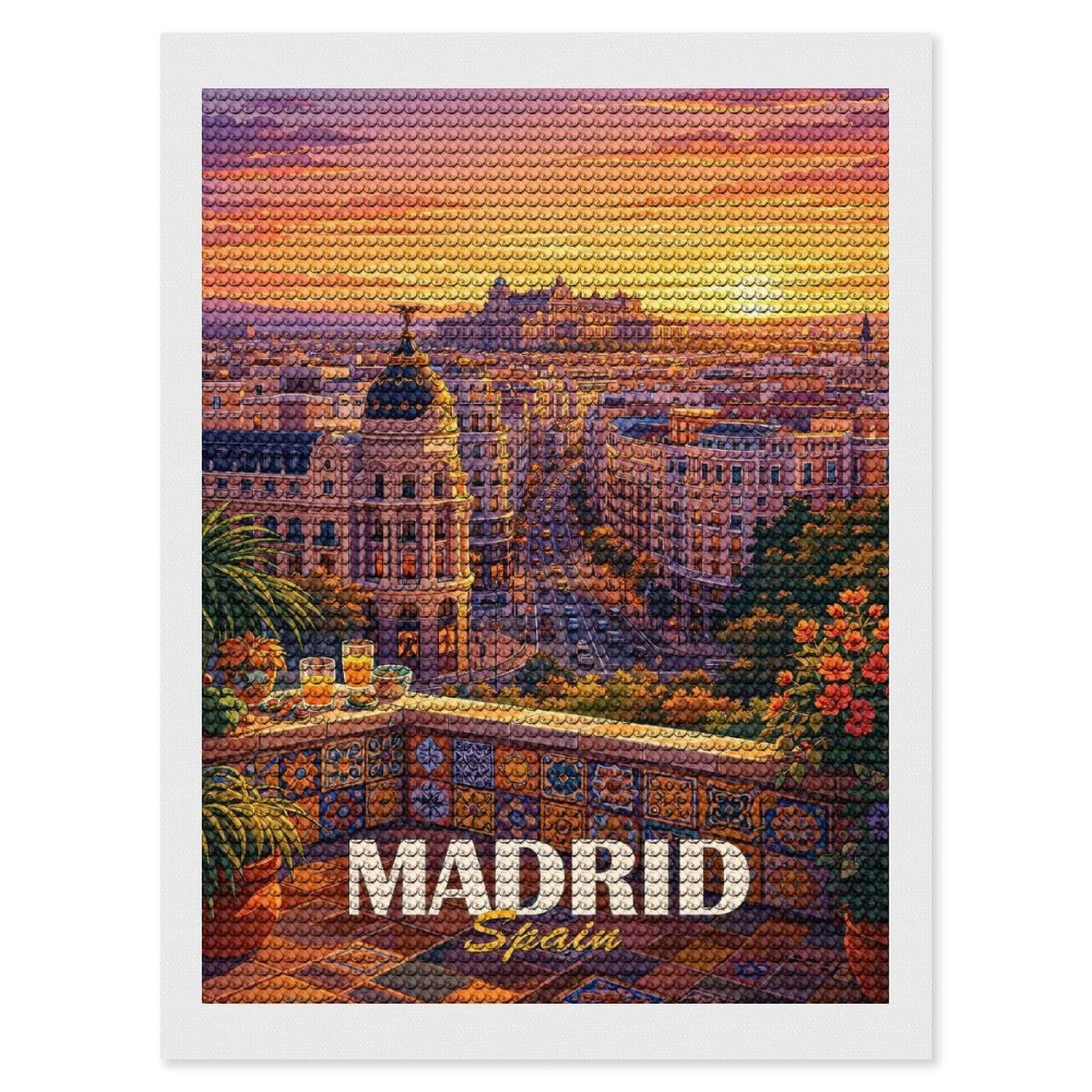 Junmoney Madrid Cityscape at Sunset Diamond Art Canvas 12"x16", for Creative Relaxation, Simple to Start, Aesthetic Room Decor, Holiday Gift Idea