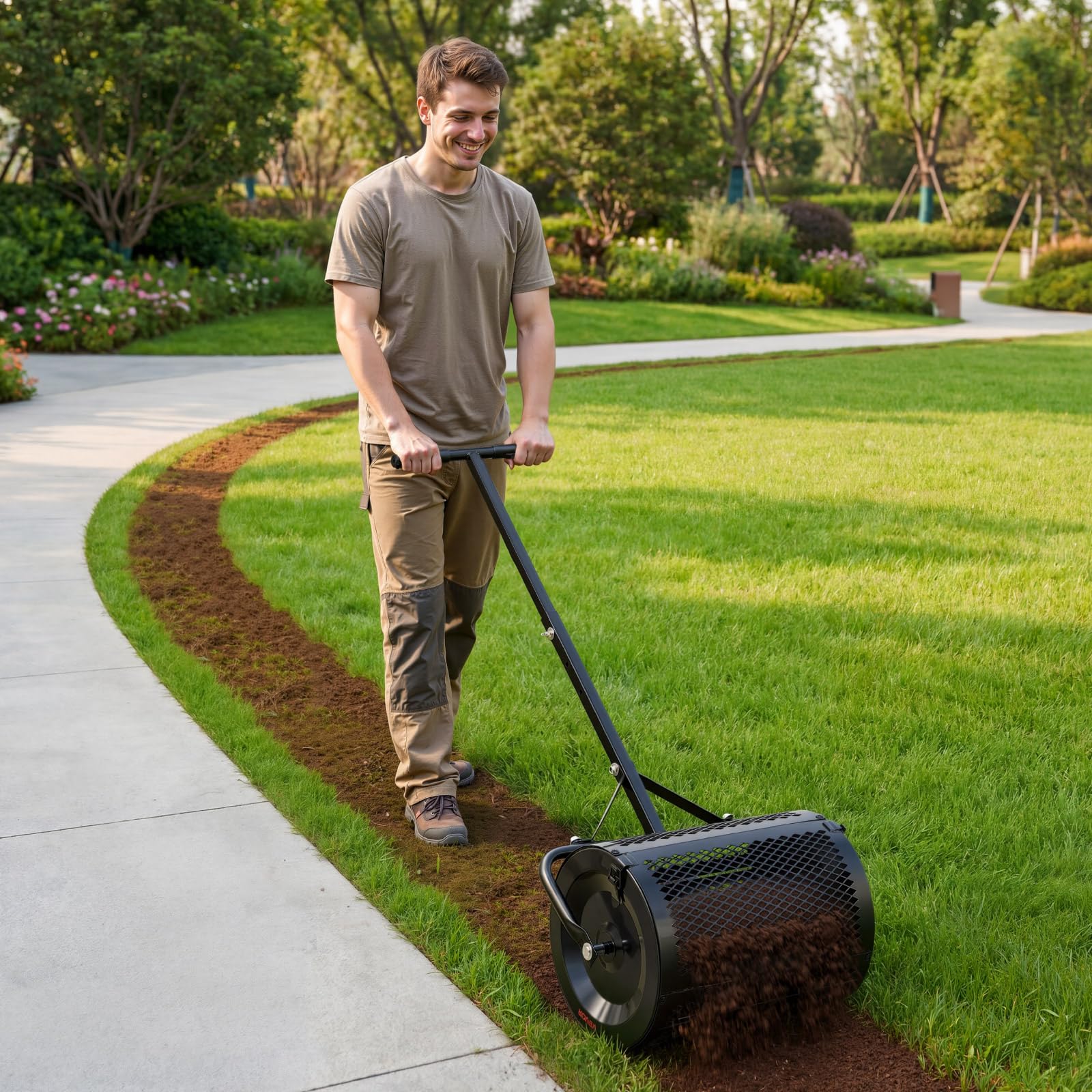 VEVOR Rouleau Épandeur à Compost 42 cm Épandeur Mousse de Tourbe à Rouleau Treillis pour Épandage Gazon Fumier Sel de Déneigement, avec Poignée en T, 3 Hauteurs Réglables, en Acier Thermolaqué, Noir