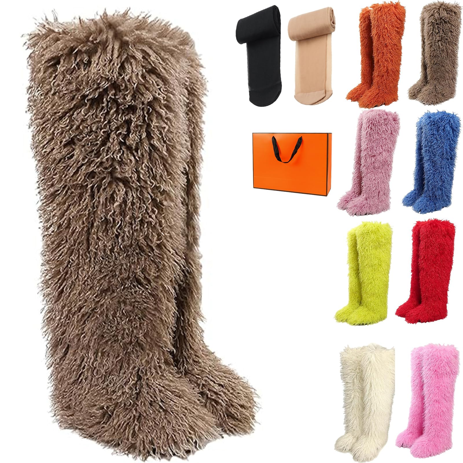 2026 New Black Thigh High Fur Boots for Women Thigh High Fur Boots Tall Furry Shoes
