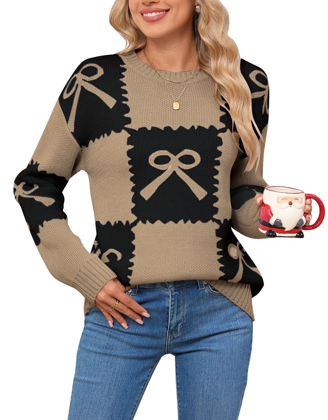 shermie Women Check Sweater 2025 Fall Winter Long Sleeve Crew Neck Color Block Bow Pullover Sweaters