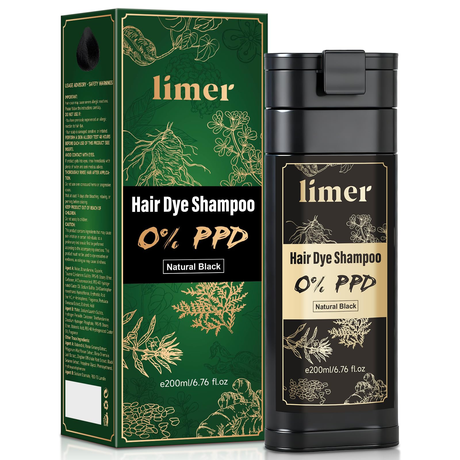 Limer Hair Dye Shampoo Natural Black Color, PPD-Free for Sensitive Scalp, 6 in 1 Herbal Gentle Formula Gray Coverage for Men Women, Ammonia-Free,