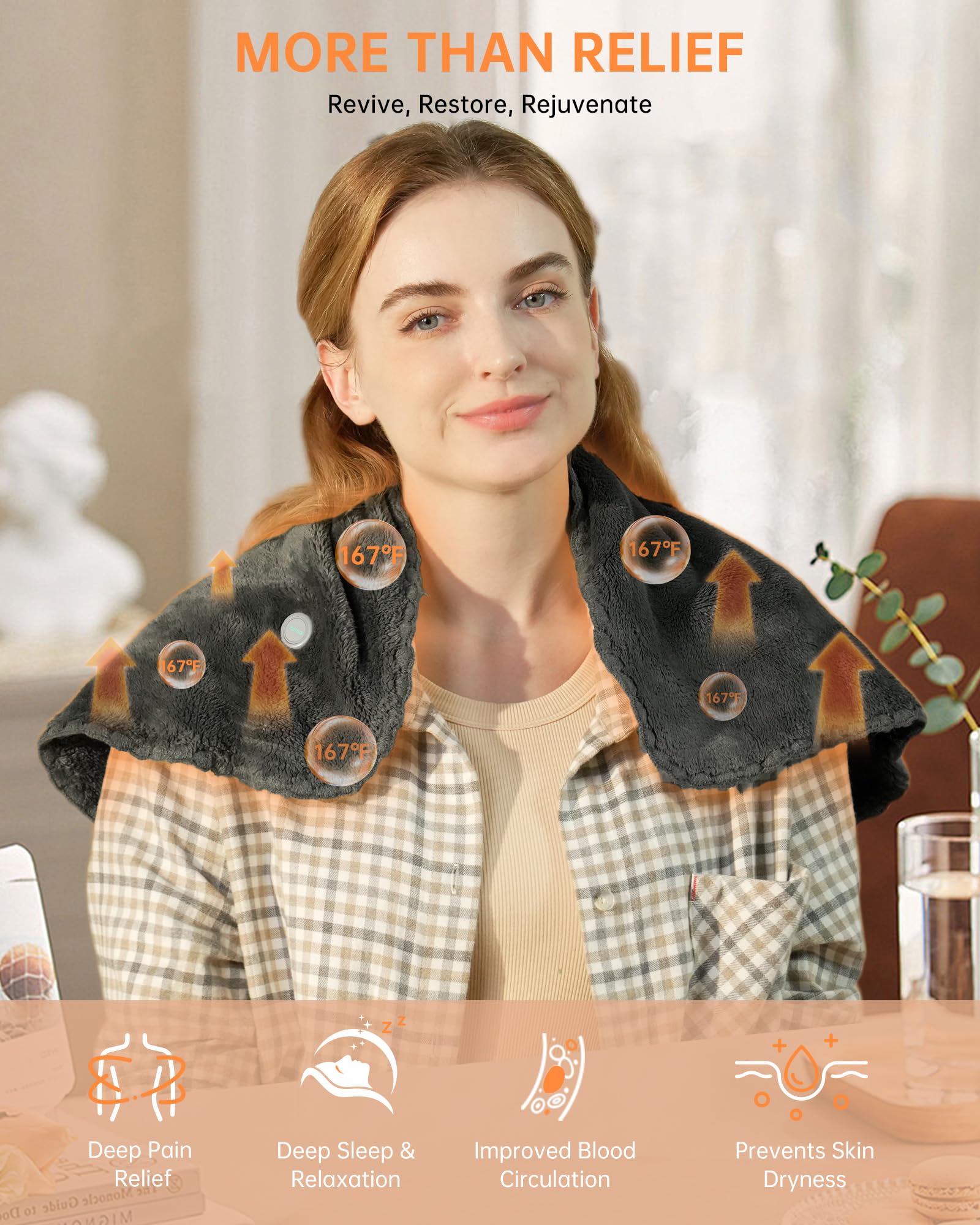 Jartoo Nano Termoforo Elettrico, Infrarossi Pad Elettrico per Cervicale Lombare Schiena, 12V Sicuro & ECO, Lavabile, Telecomando Portatile con 6 Livelli di Temperatura e Timer(30x60cm, Grigio)