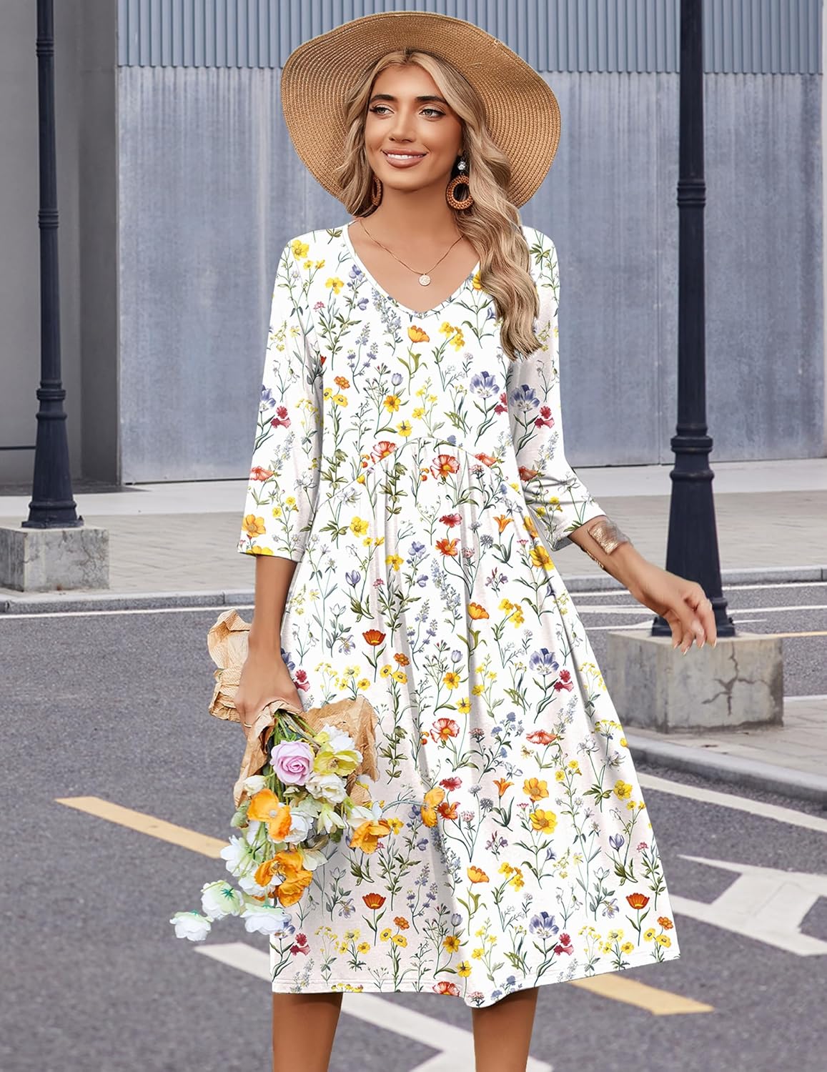 Zeagoo 3/4 Sleeve Women's Dress Casual Midi Tshirt Dresses with Pockets Empire Waist Summer Semi-Formal Boho Beach Sundress - Image 3