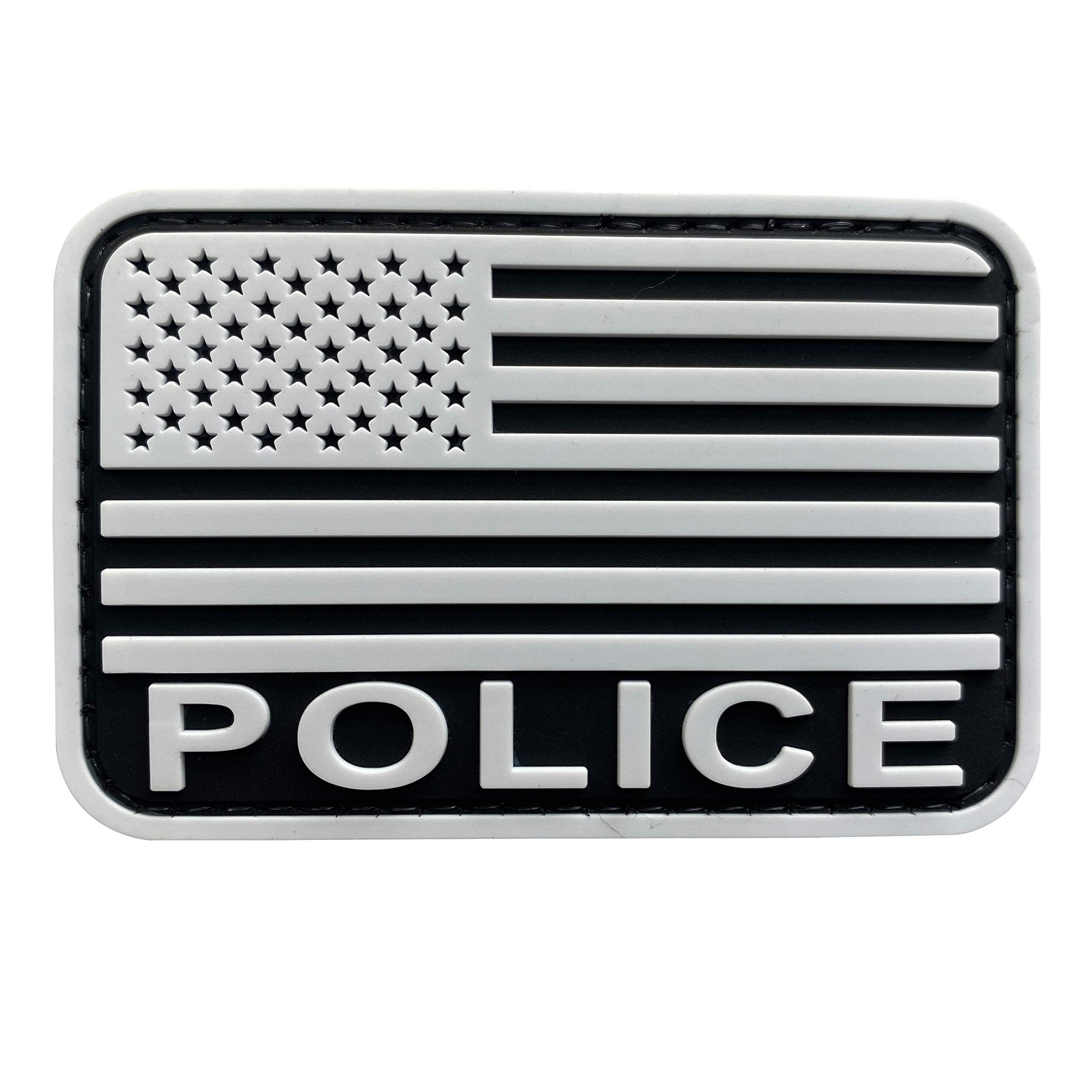 uuKen Police Flag Patch PVC Black and White 2x3 inch with Hook Fastener Back for Hat Tactical Cap Vest Bags Backpacks(White, S 3