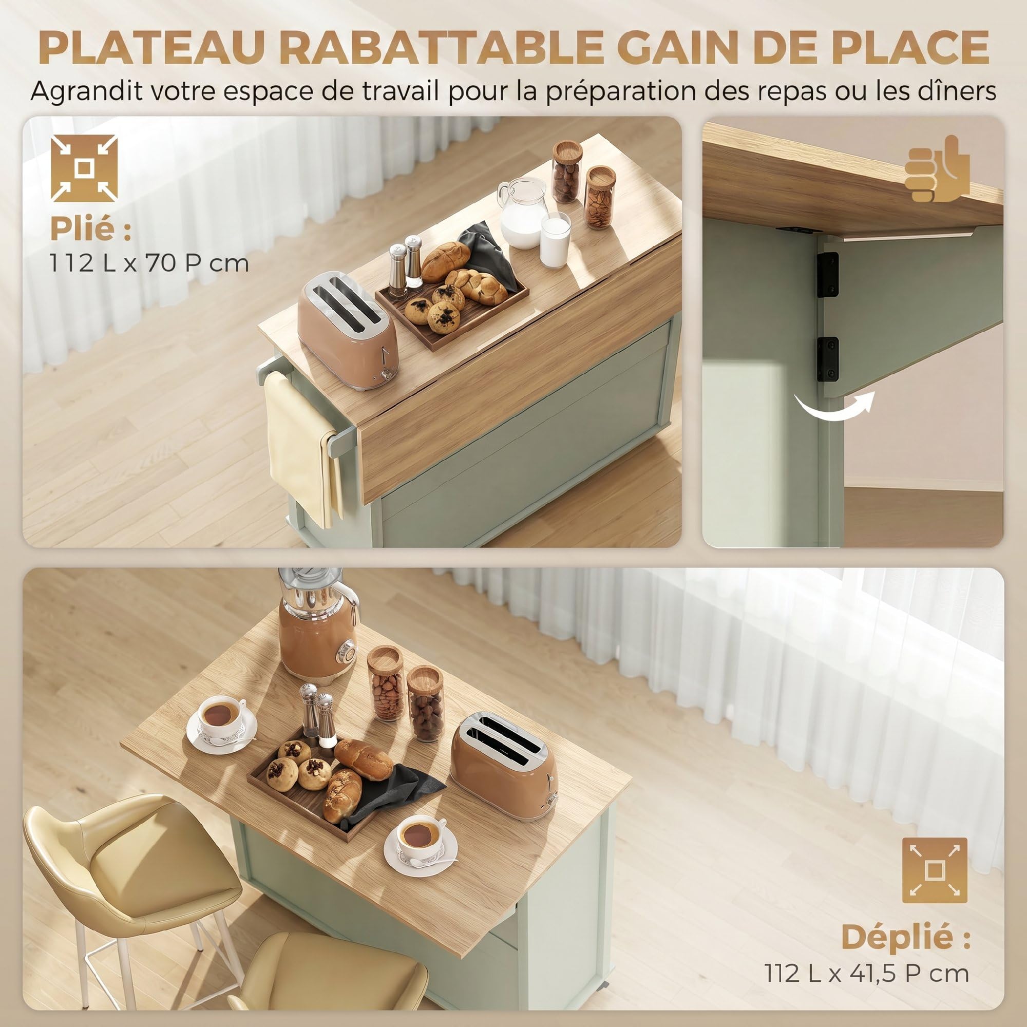 HOMCOM Îlot Central Cuisine avec Plateau Pliant, Desserte de Cuisine sur roulettes avec Placard, 2 Tiroirs, Porte-Serviettes, Étagère Réglable, Compartimentss Ouverts, 117,5 x 70 x 91 cm, Vert Clair