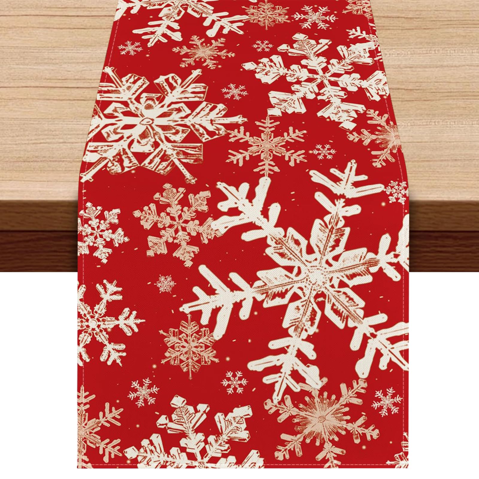 Camino de Mesa Navidad, Table Runner de Lino Camino de Mesa Navideño Lavable Tapete Mesa Comedor Navidad con Patrón Copo de Nieve para Decoracion Mesa Navidad, 183 x 33 cm