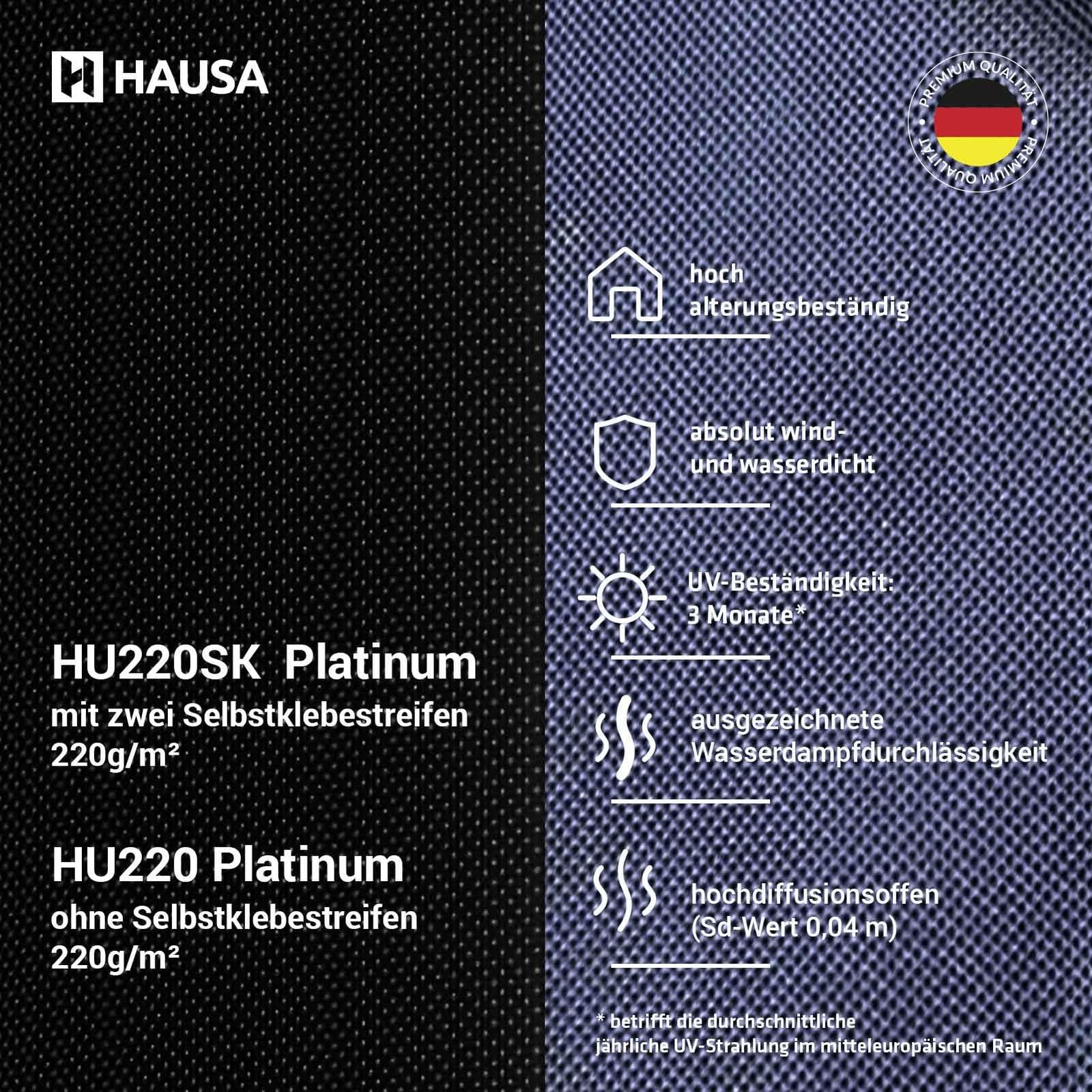 HAUSA Pannello sottostruttura Platinum HU220SK, 220 g/m², 75 m² (1,5 mx50 m), pellicola per tetti Platinum HU220SK, con 2 strisce adesive ad alta diffusione, impermeabile, resistente agli urti