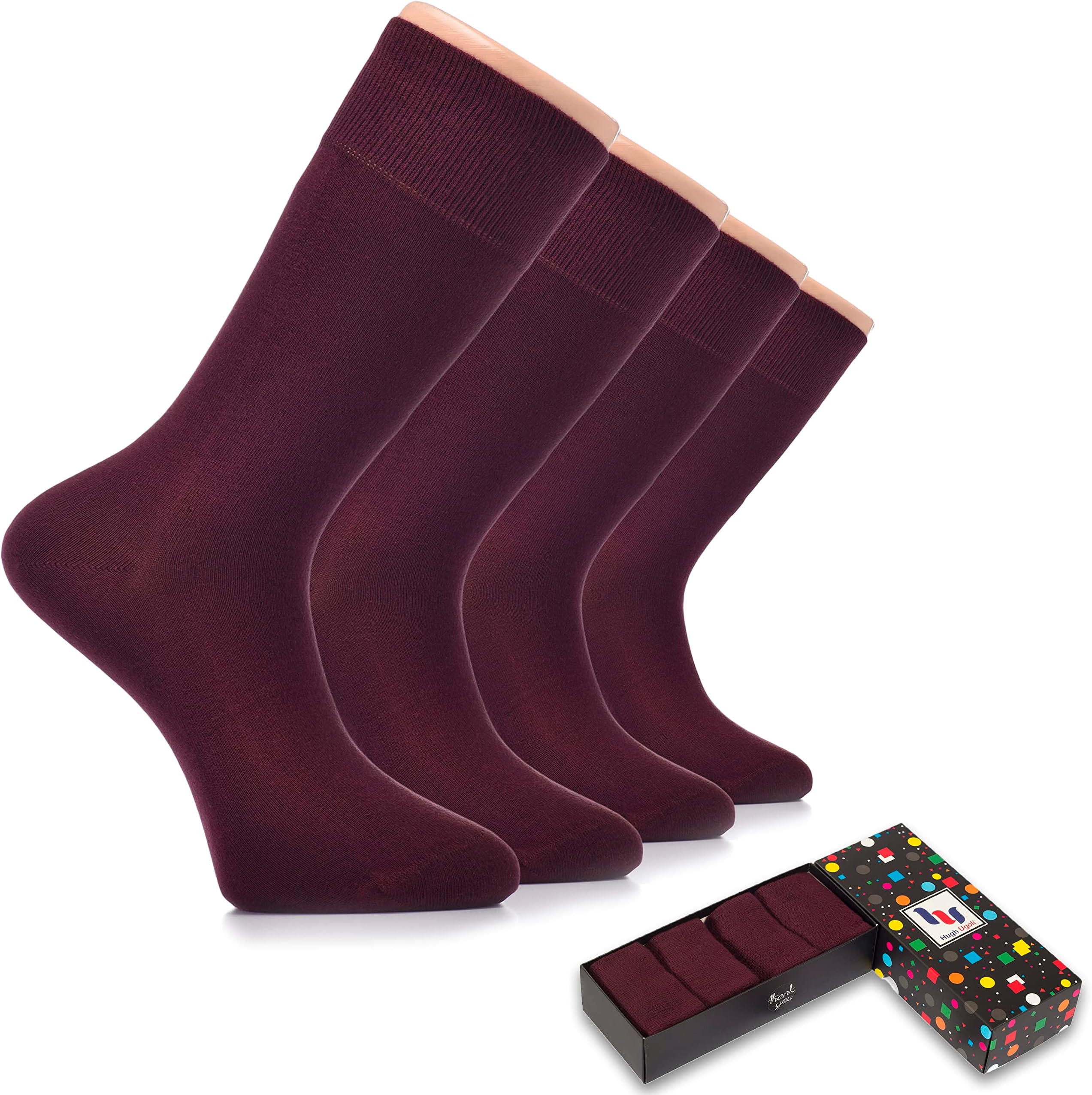 Hugh Ugoli Men's Rayon Derived from Bamboo Dress Socks for Business & Trouser, Thin & Seamless Crew Socks, 4 Pairs Size 8-12