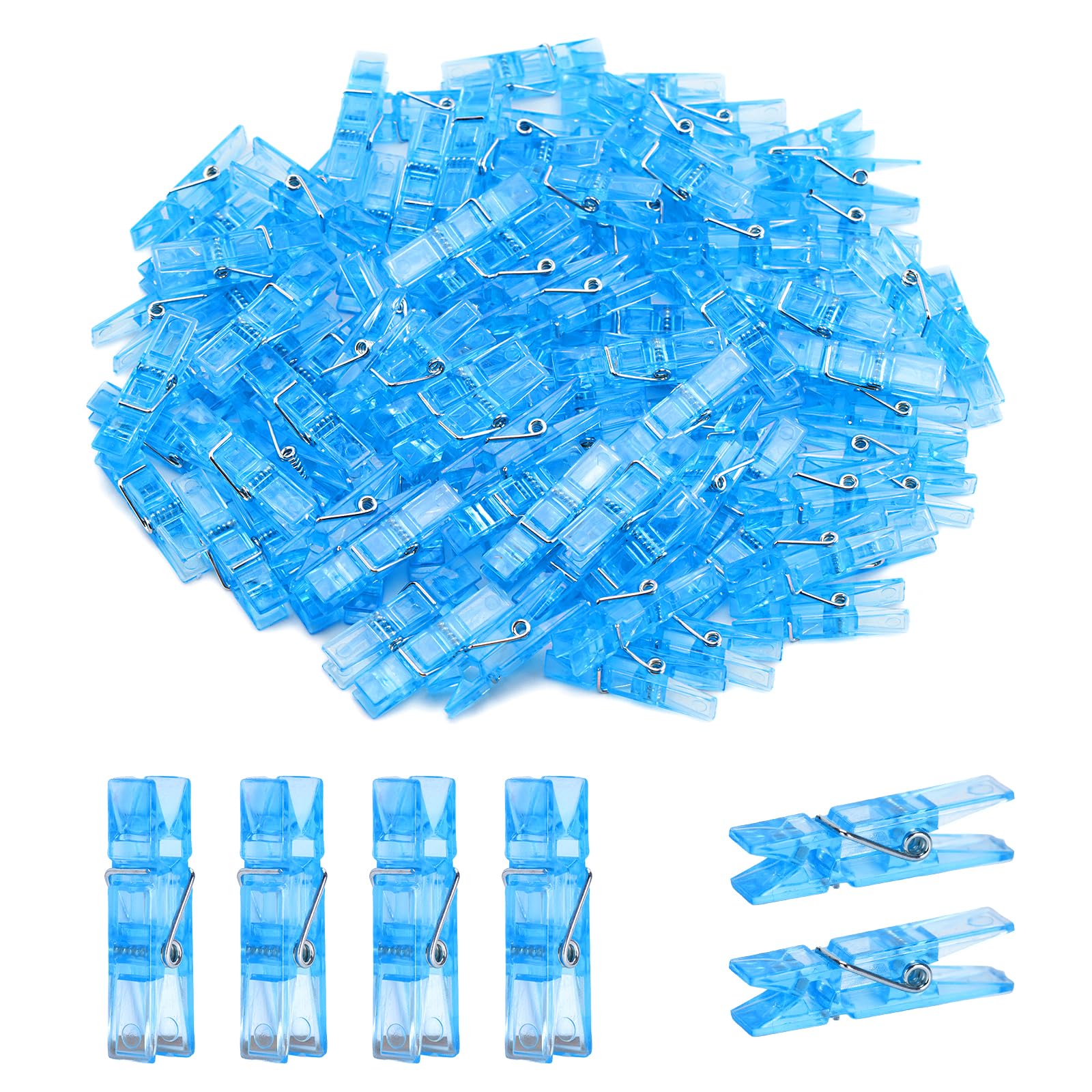 jijAcraft 3.5cm Clear Blue Mini Pegs: 100Pcs Plastic Photo Pegs for Hanging Cards Photos, Small Photo Display Clips for DIY Crafts, Wedding, Baby Shower, Girls Birthday Party Decoration