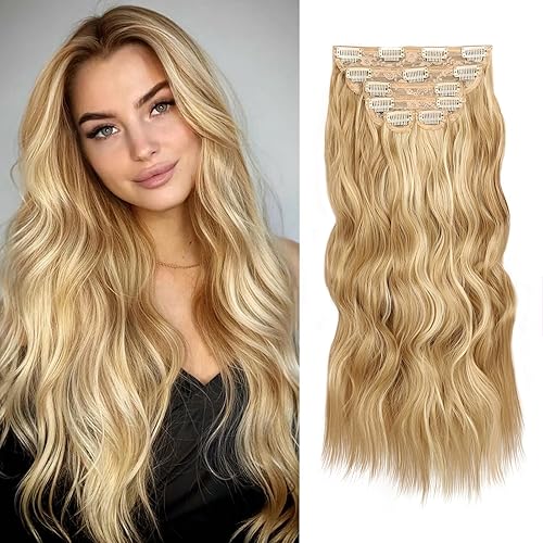 Extensiones de cabello rubio con clip de 20 pulgadas, 6 piezas, largo, ondulado, rizado, rubio fresa, con reflejos rubio decolorado, extensiones de