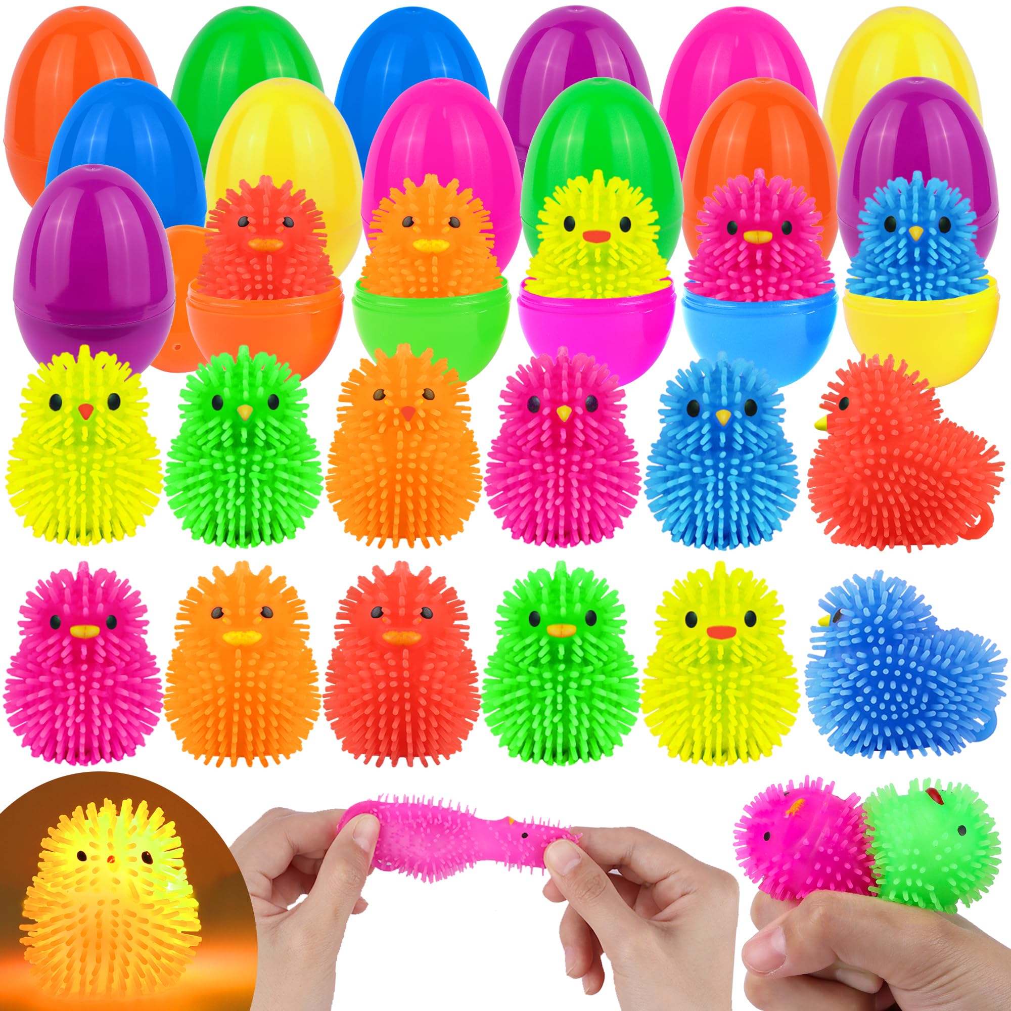 Photo 1 of **ONLY HALF OF THE CHICKS**18 Pack Easter Eggs Filled LED Chick Duck Puffer Balls Easter Egg Fillers Toys, Light Up Stress Relief Fidget Toys Squeeze Ball Easter Basket Stuffers for Kids Boys Girls Easter Eggs Hunt Party Favors