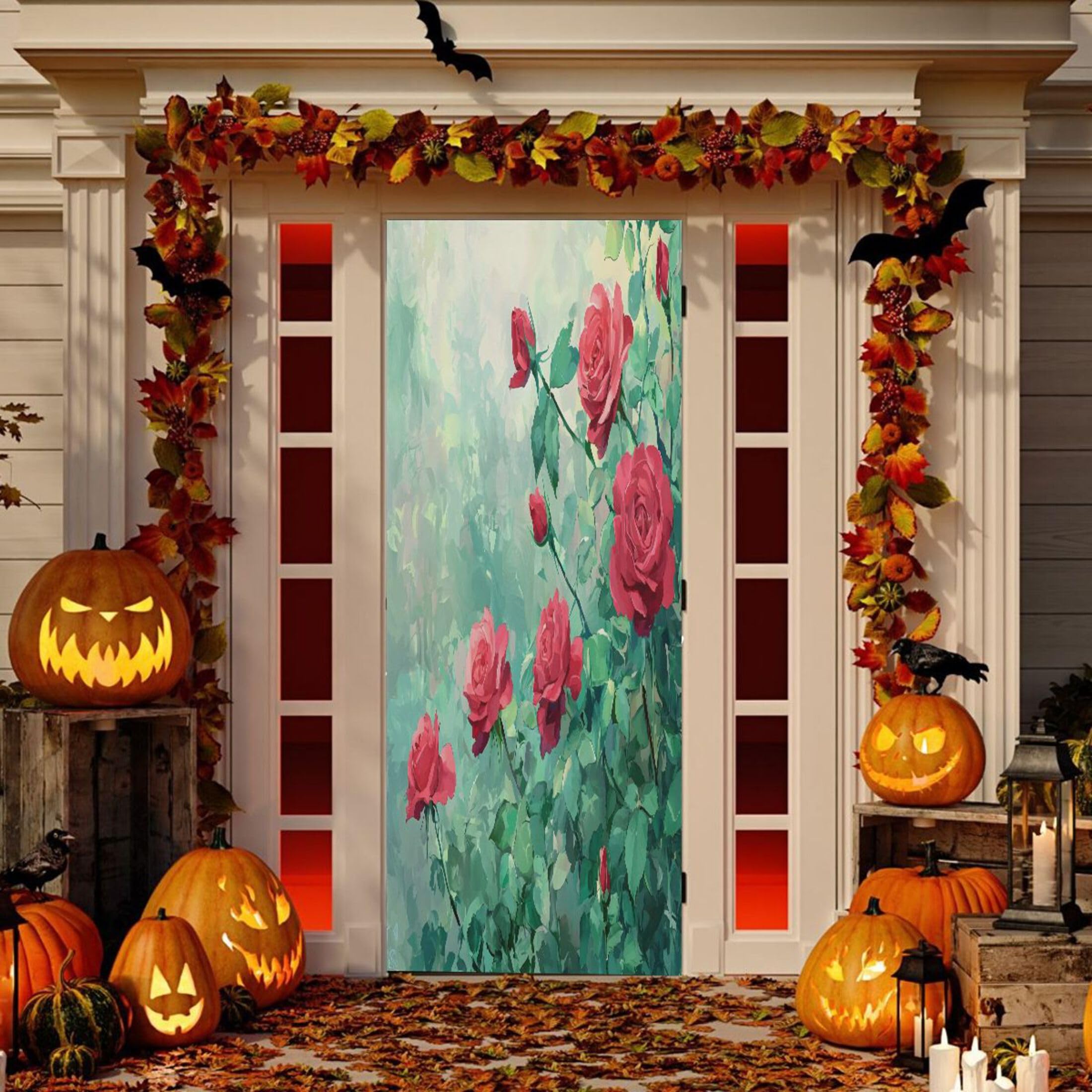 Housse de porte haut de gamme imprimé roses rouges tissu extensible premium 89x200 cm