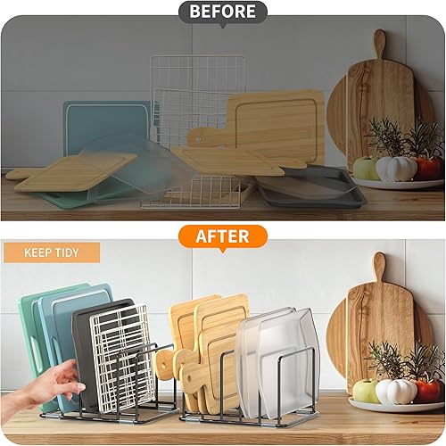 Miniatura 5 de Paquete de 2 estantes medianos para tablas de cortar negras, organizador de gabinete de cocina, 5 estantes escalonados para bandejas de hornear,