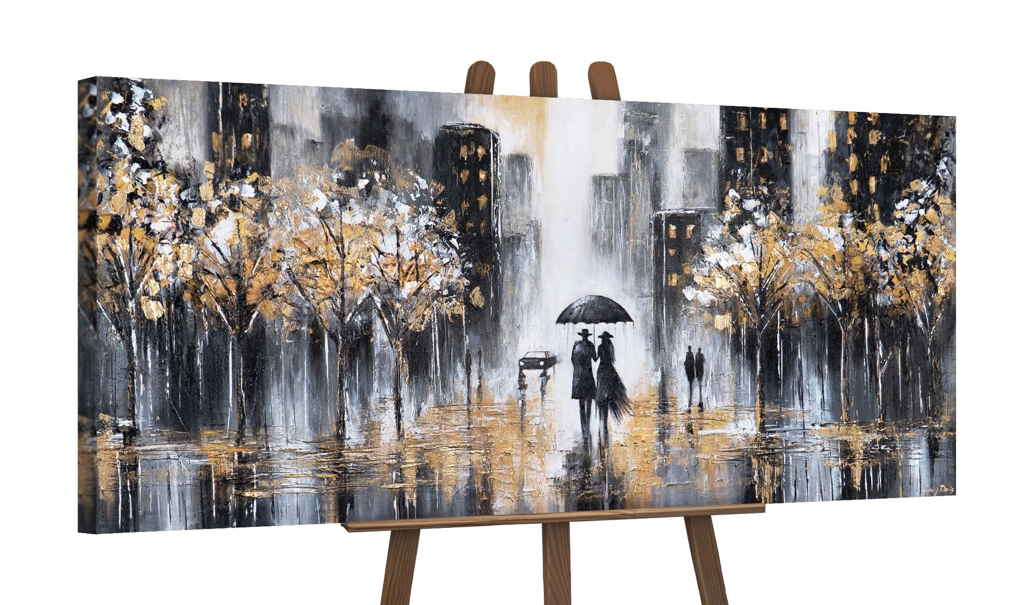 YS-Art Original Handmade City Rain Painting, Romantic Couple with Umbrella on Acrylic Canvas, Atmospheric Urban Night Wall Art for Bedroom or Living Room 45x20 inch