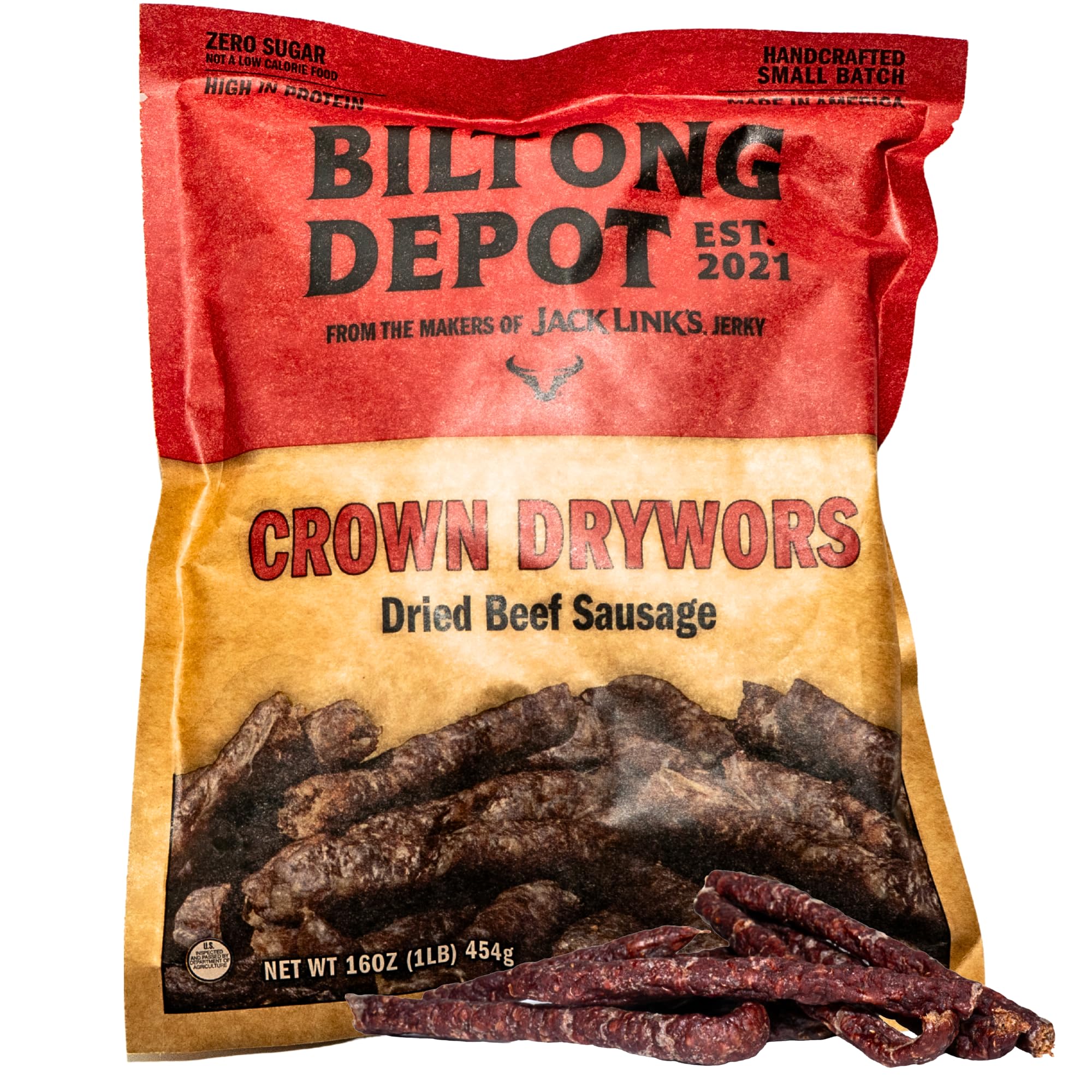 Biltong Depot Crown Drywors - 1lb (16oz) | Air-Dried Beef Snack Sticks | High Protein | Paleo and Keto Friendly | Zero Sugar | Gluten Free | No Nitrates | South African Droewers