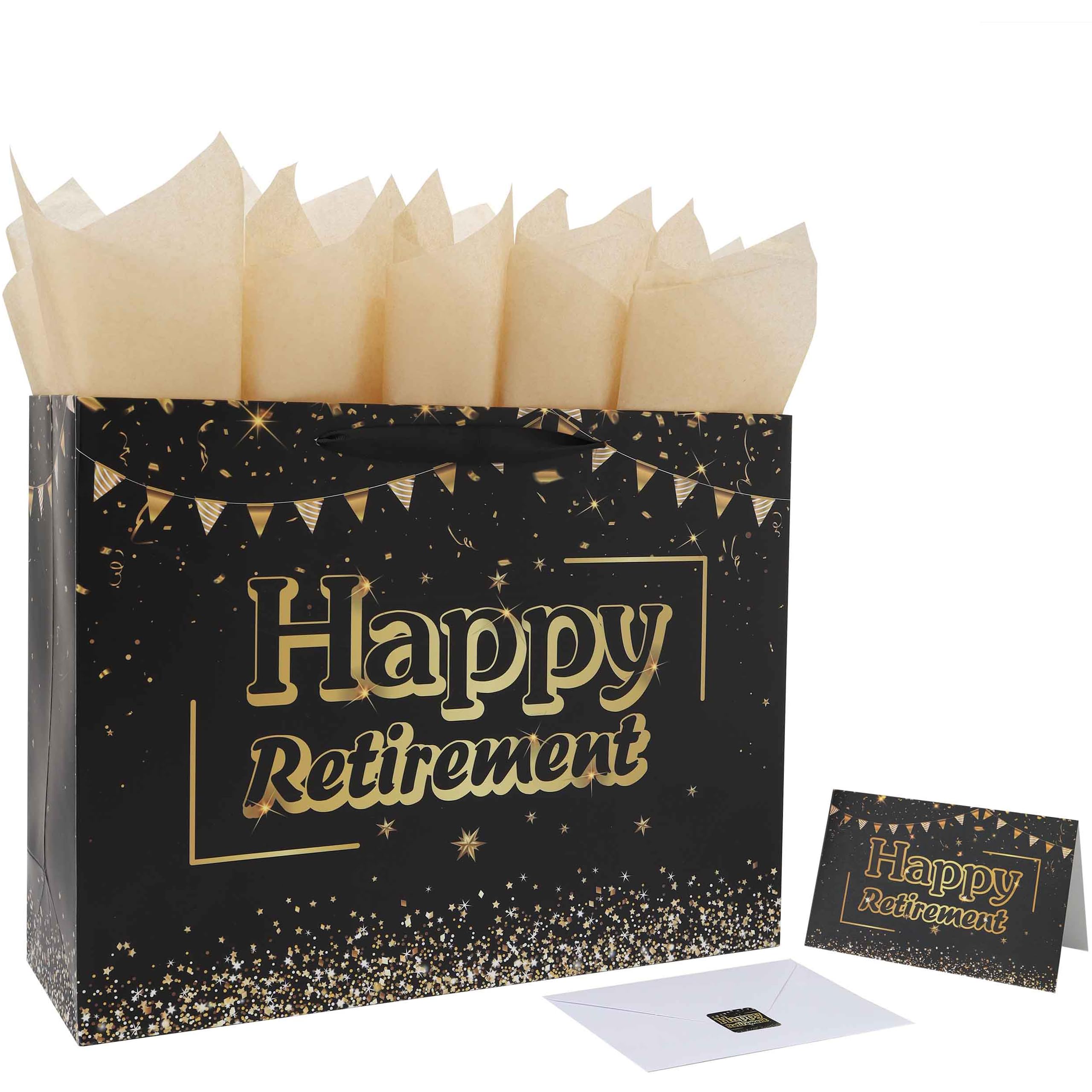 16.5” Extra Large Black Retirement Gift Bag Set with Handles, Greeting Card, Tissue Papers and Stickers for Men Women Office Coworker, Farewell Going Away Party, Happy Retirement Design, 1 Pcs
