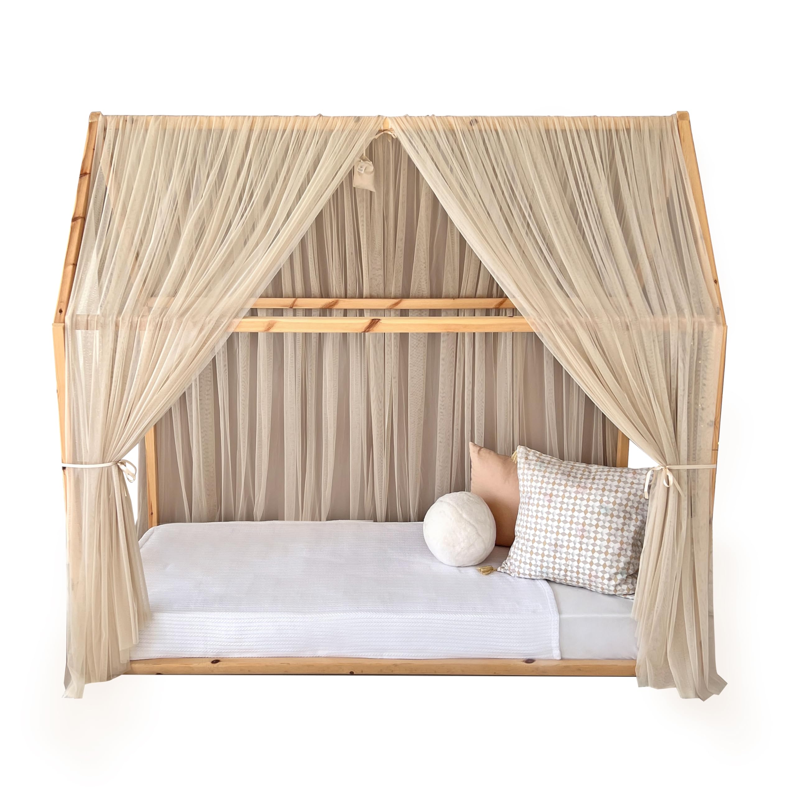 Toldo de cama estilo princesa para niñas, decoración de habitación de niños para camas Montessori, regalo de tul suave para niños pequeños (beige, 440 cm, juego 1)