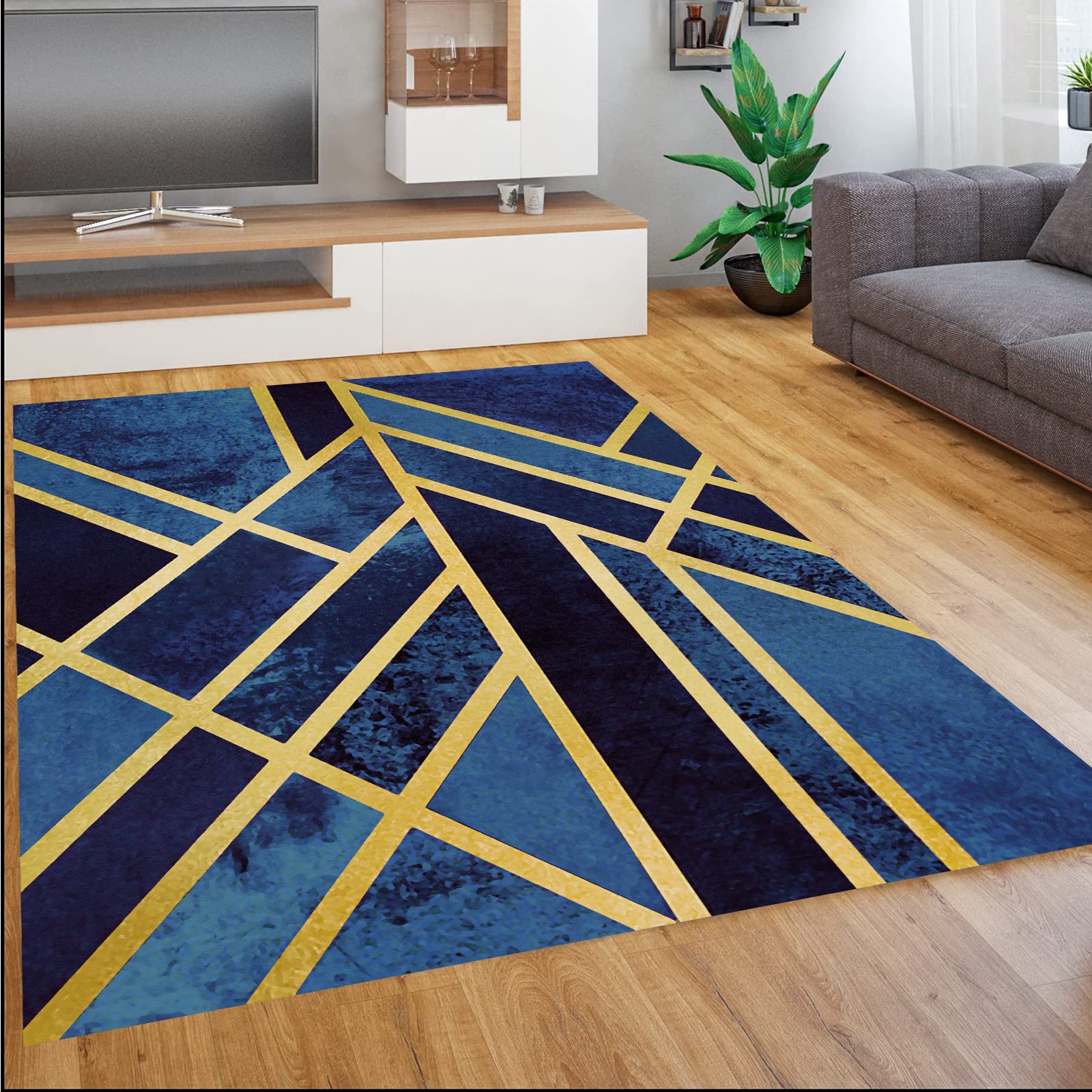 Tapis bleu foncé et jaune doré géométrique rectangulaire 120 x 200 cm pour salon