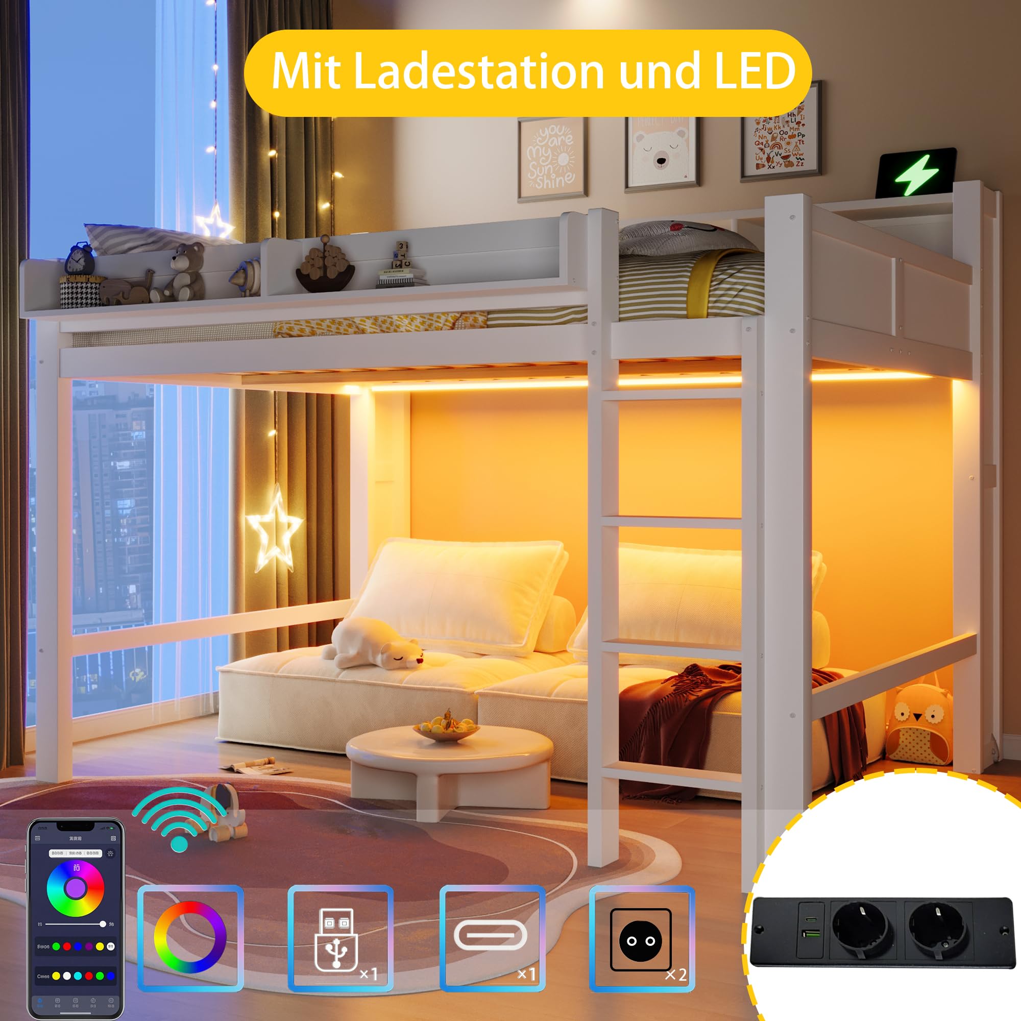 Lit Superposé Enfant 140x200cm avec éclairage LED et Port USB,Lit Mezzanine 2 Place en Bois avec rangements,Garde Corps,lit Jeune duoble,Cadre de lit Double,sans Matelas,Blanc