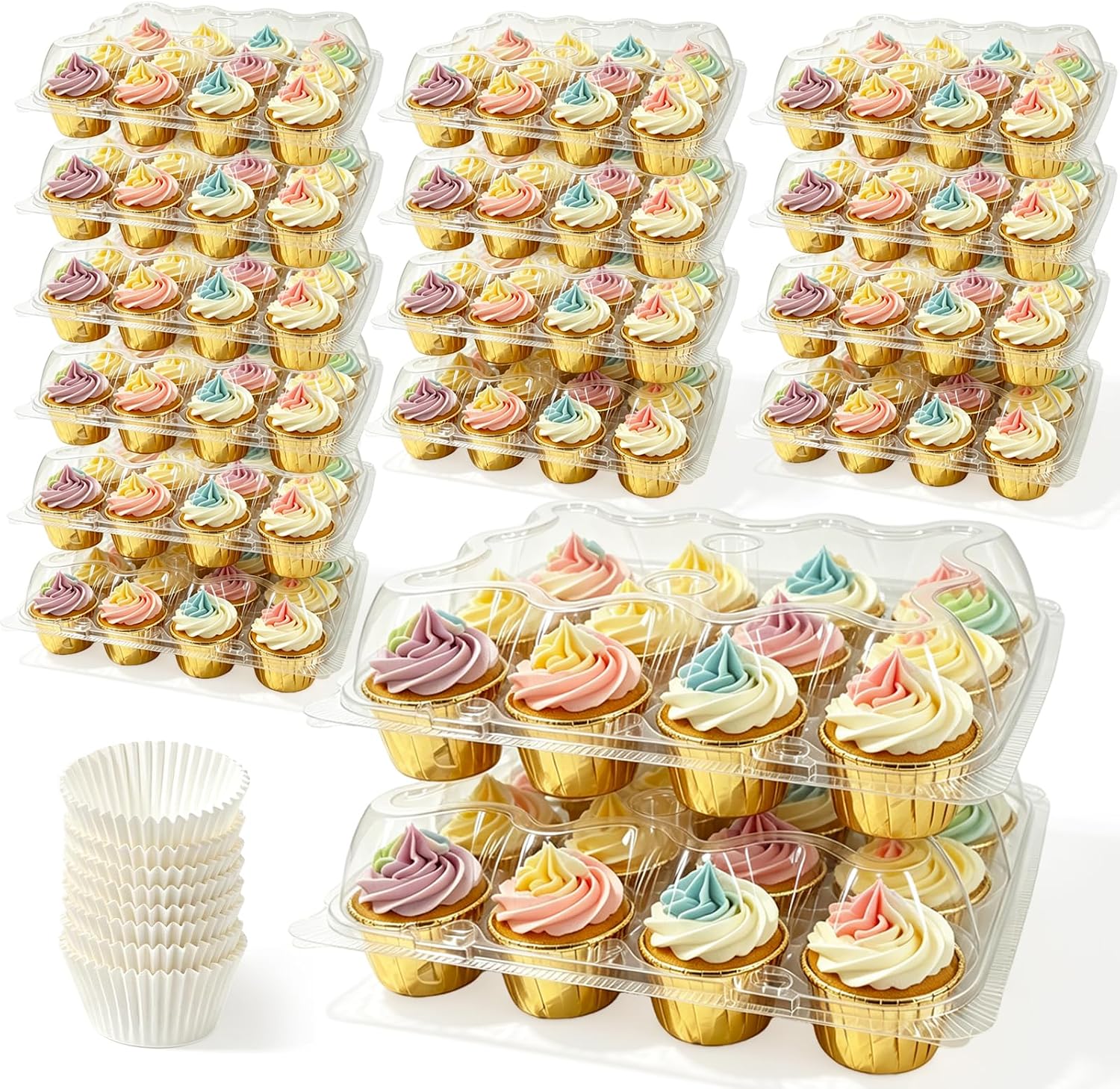 12 Packs × 20 Sets Disposable Plastic Cupcake Containers,Stackable CupCake Holders with lid with 240 Pack Cupcake Liners,Ideal for Baking,Parties,or Storage.