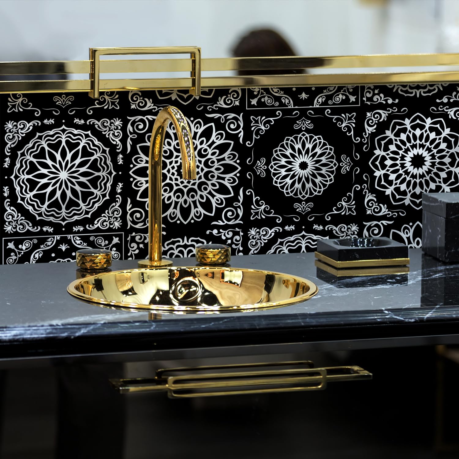 Alwayspon 24PcsX20cm/8inch Mandala Vinyl Wall Tile Sticker Transfer, Waterproof Sticky Back Tile Sticker for Kitchen Bathroom Self-adhesive Peel and Stick PVC Stick on Tile, Black Silver T65