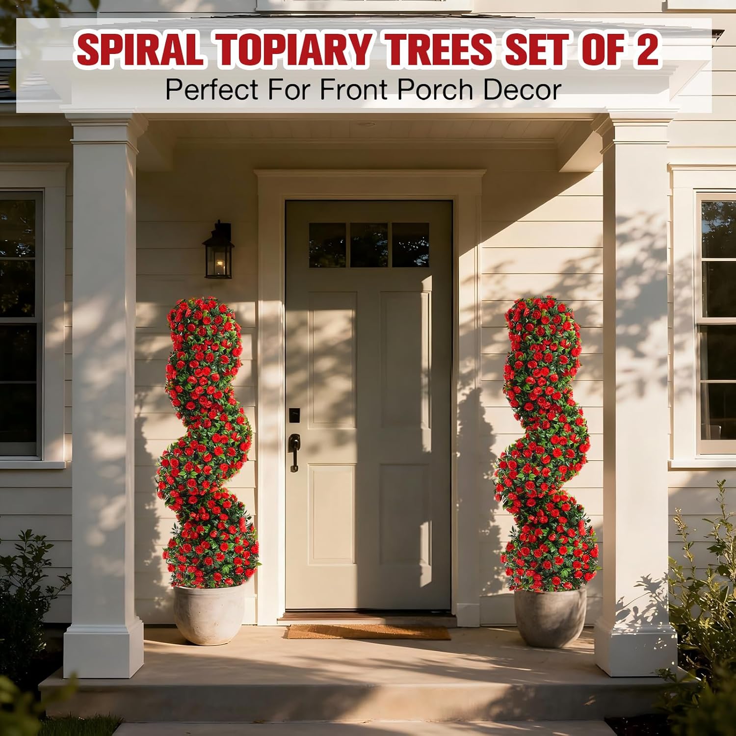 Yunlly 2 Pcs 3FT Tall Artificial Spiral Topiary Trees with Red Rose Bushes, 36" High End Outdoor Fake Plants with Spike, Realistic Large Fake Rose Shrubs for Front Door, Garden, Porch Decor