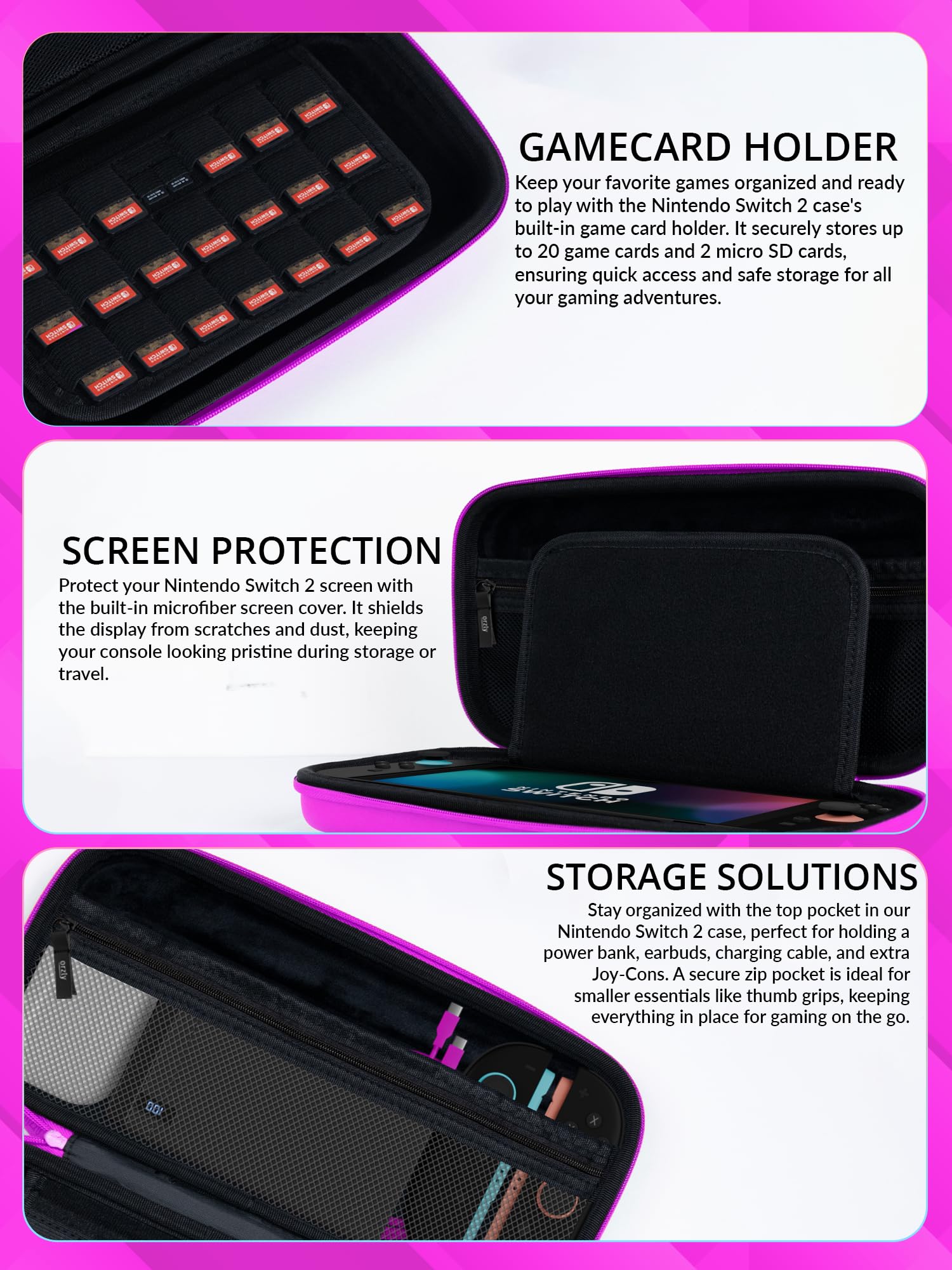 Orzly Custodia per Nintendo Switch 2, custodia protettiva da viaggio con pad per lo schermo, schede di gioco e slot MicroSD con tasche per gli accessori della console