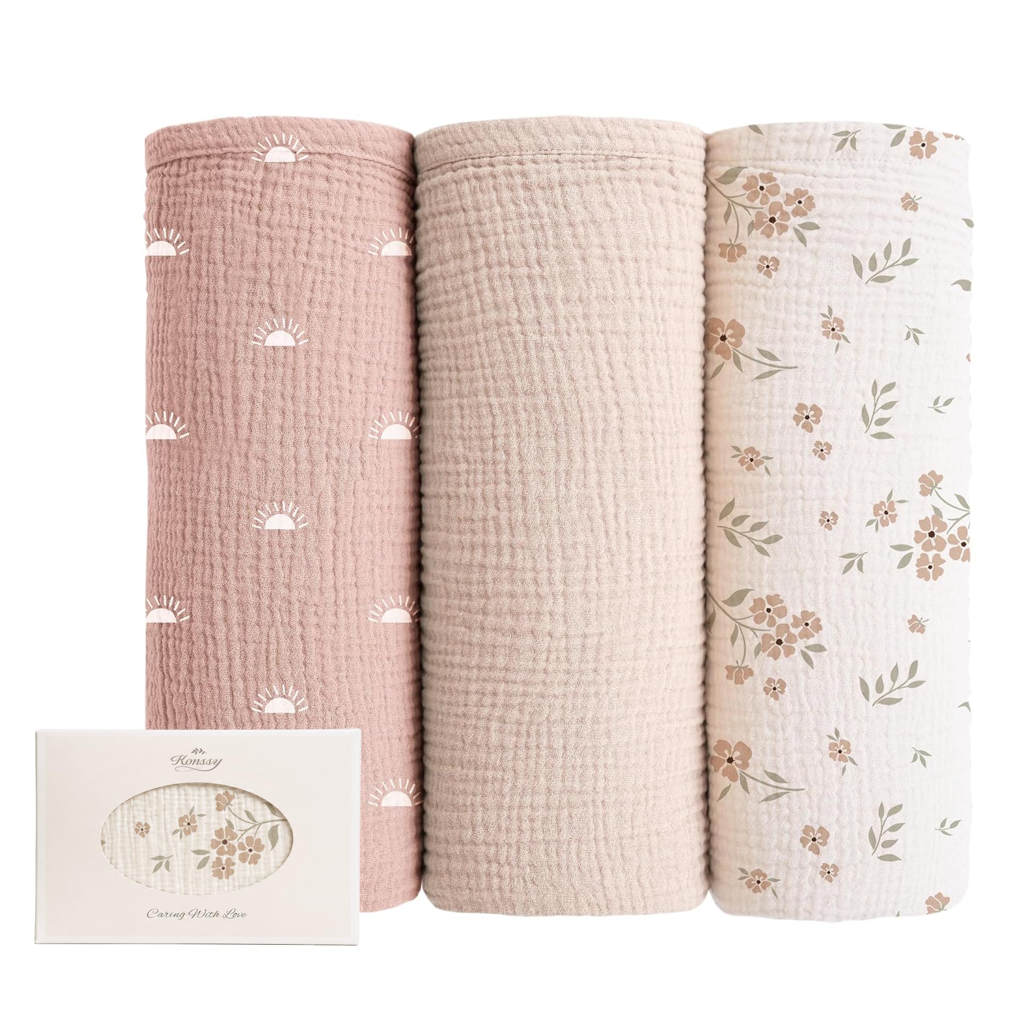 Konssy Set di 3 coperte per fasciatura in mussola morbida e traspirante per neonati e bambini, grande coperta da ricevimento, 119,4 x 119,4 cm, unisex (sole fiore di pesca)