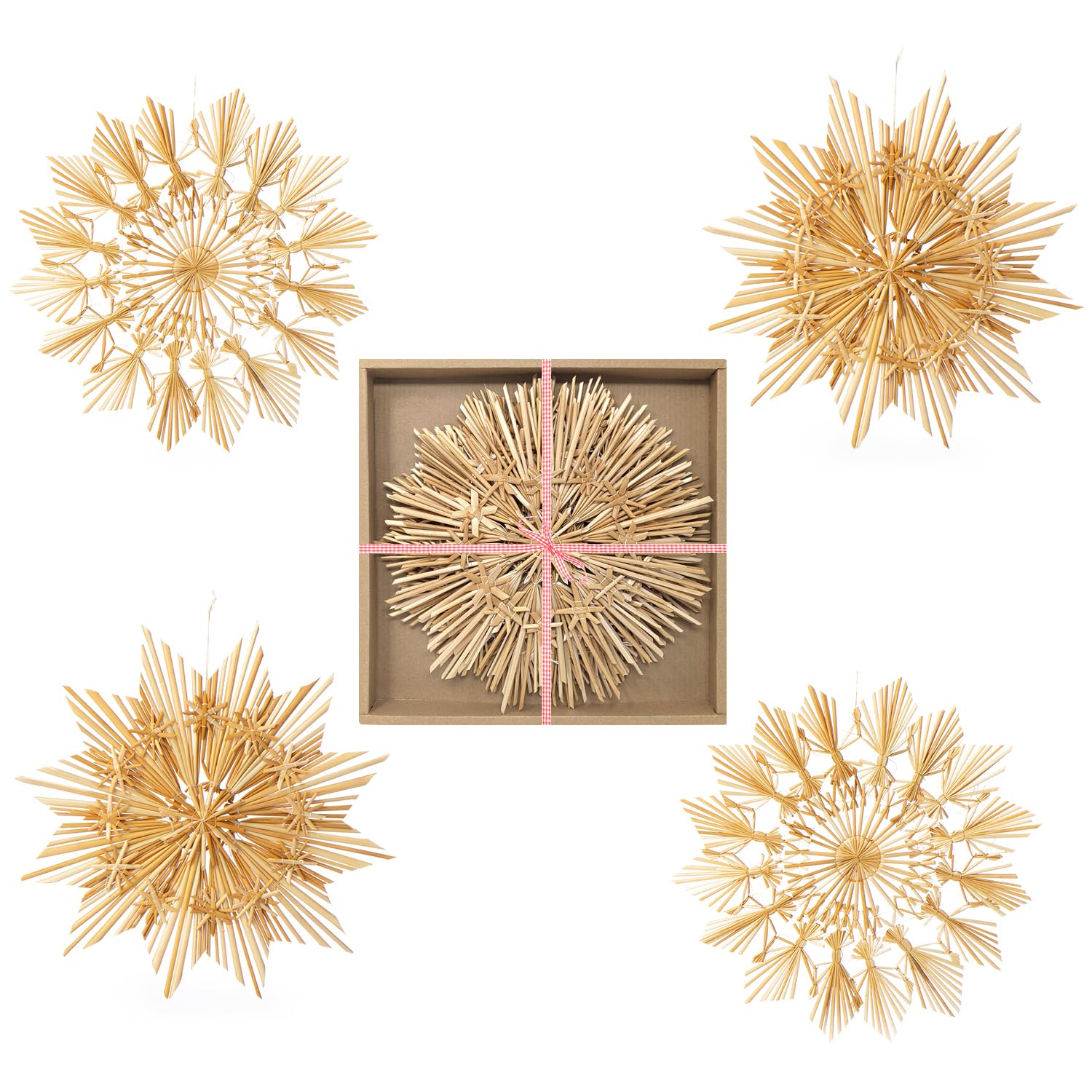 COM-FOUR® 4x Large Straw Star Set - XXL Window Decoration - Straw Stars in Different Designs - 26cm/28cm