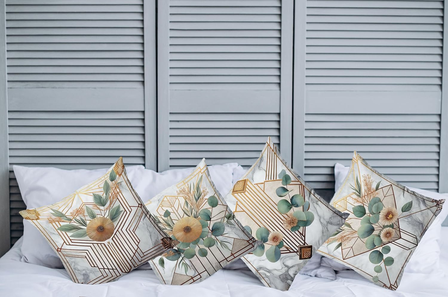 Ambesonne Eucalyptus Throw Pillow Cushion Cover Set of 4, Blooming Leaves and Flowers on Modern Marble Print Art Deco Stripes, Decorative Accent Double-Sided Printing, 20", Teal Grey and Orange