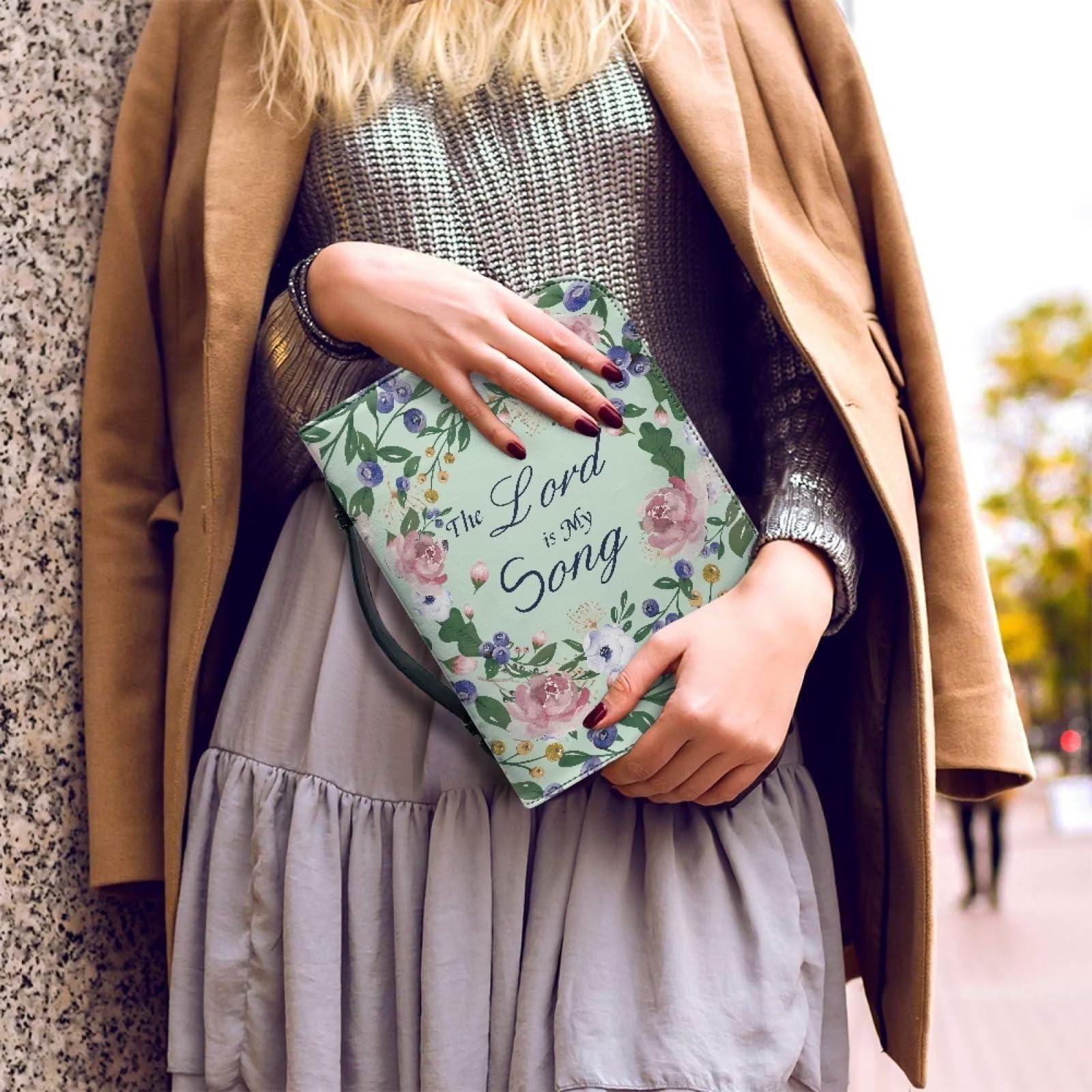 Xoenoiee Fundas para Biblia con patrón floral verde para niños, funda para la Biblia, The Lord is My Song, bolsas con bolsillos de almacenamiento, ranuras para bolígrafos para hombres y mujeres, L