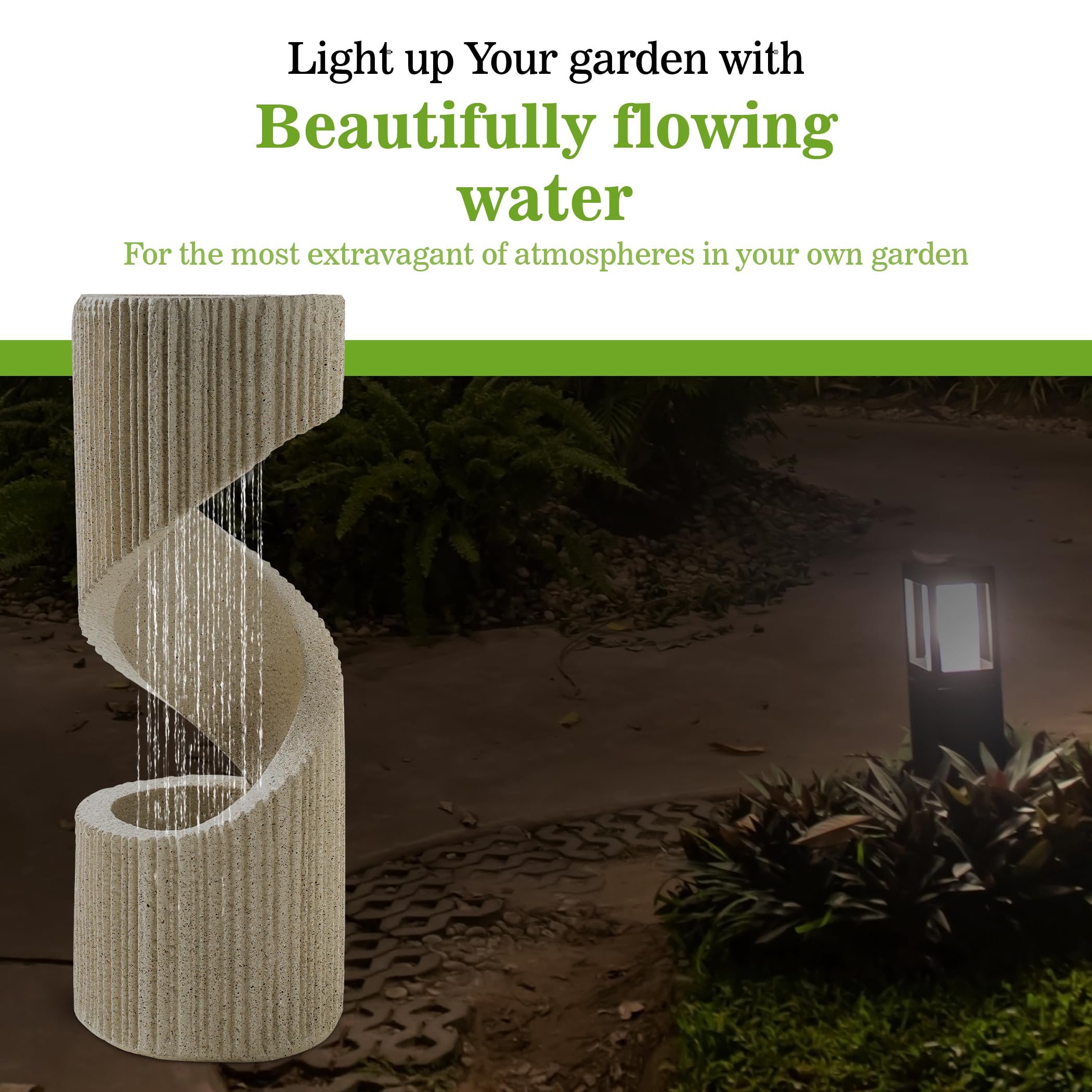 Fontaine Solaire d'extérieur Fontaine avec LED I Balcon/Jardin Fontaine Solaire décorative Intérieur & extérieur I Fontaine en Cascade Fontaine d'eau Jardin Sculpture en Spirale avec Rideau