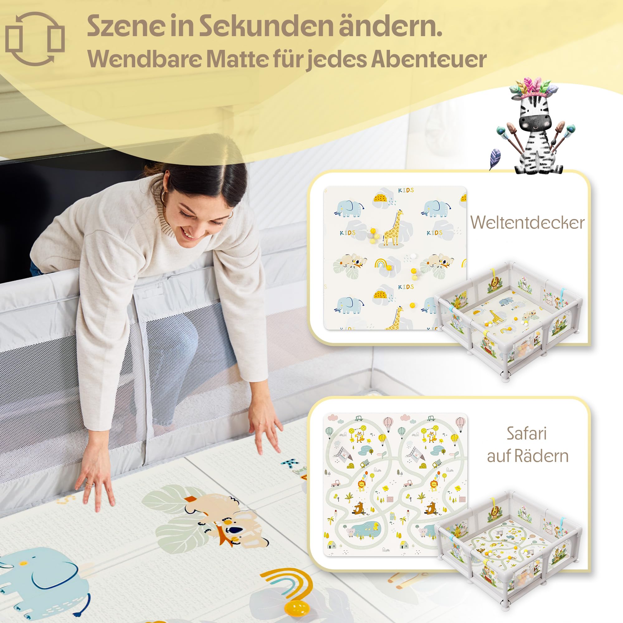 Baby Laufstall 150x150cm mit Illustrationen, Gepolsterter Spielbereich mit Wendbarer Matte, Stoffbuch, Bunten Bällen und Halteringen