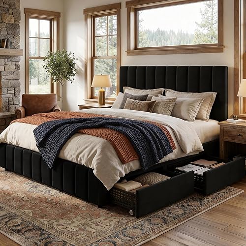 Garvee Queen Size Bed Frame, Linen Upholstered Platform Bed Frame with 4 Storage Drawers, Adjustable Height Headboard, No Box Spring Needed, Easy Assembly, Black