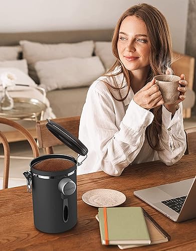 Vista 48 de HAIOOU Recipiente hermético para café, contenedor grande de almacenamiento de granos de café de acero inoxidable de 22 onzas con rastreador de Gris
