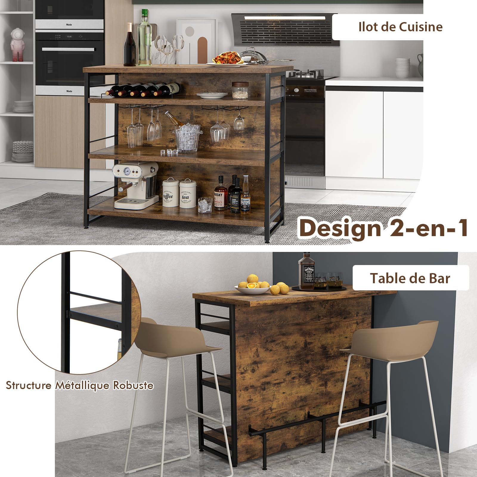 COSTWAY Ilot Central Industriel, Table de Bar à 4 Niveaux avec 3 Étagères Ouvertes, Casier à Vin et Supports pour Verres à Pied, Repose-Pieds, pour Bar, Cuisine, Salon, Marron Rustique