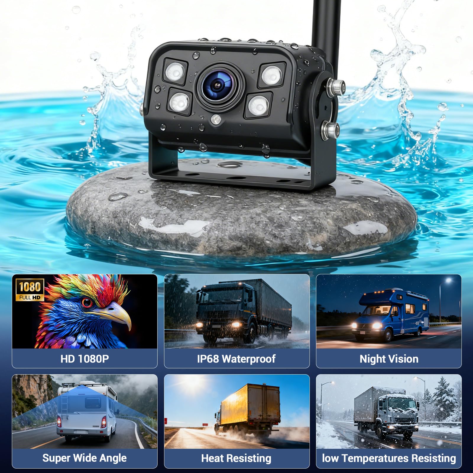 Hikity Telecamera di Retromarcia Senza Fili 9" 1080P HD per Auto/Camion/SUV/12-24V, Installazione Rapida con Visione Notturna e Impermeabilità IP68