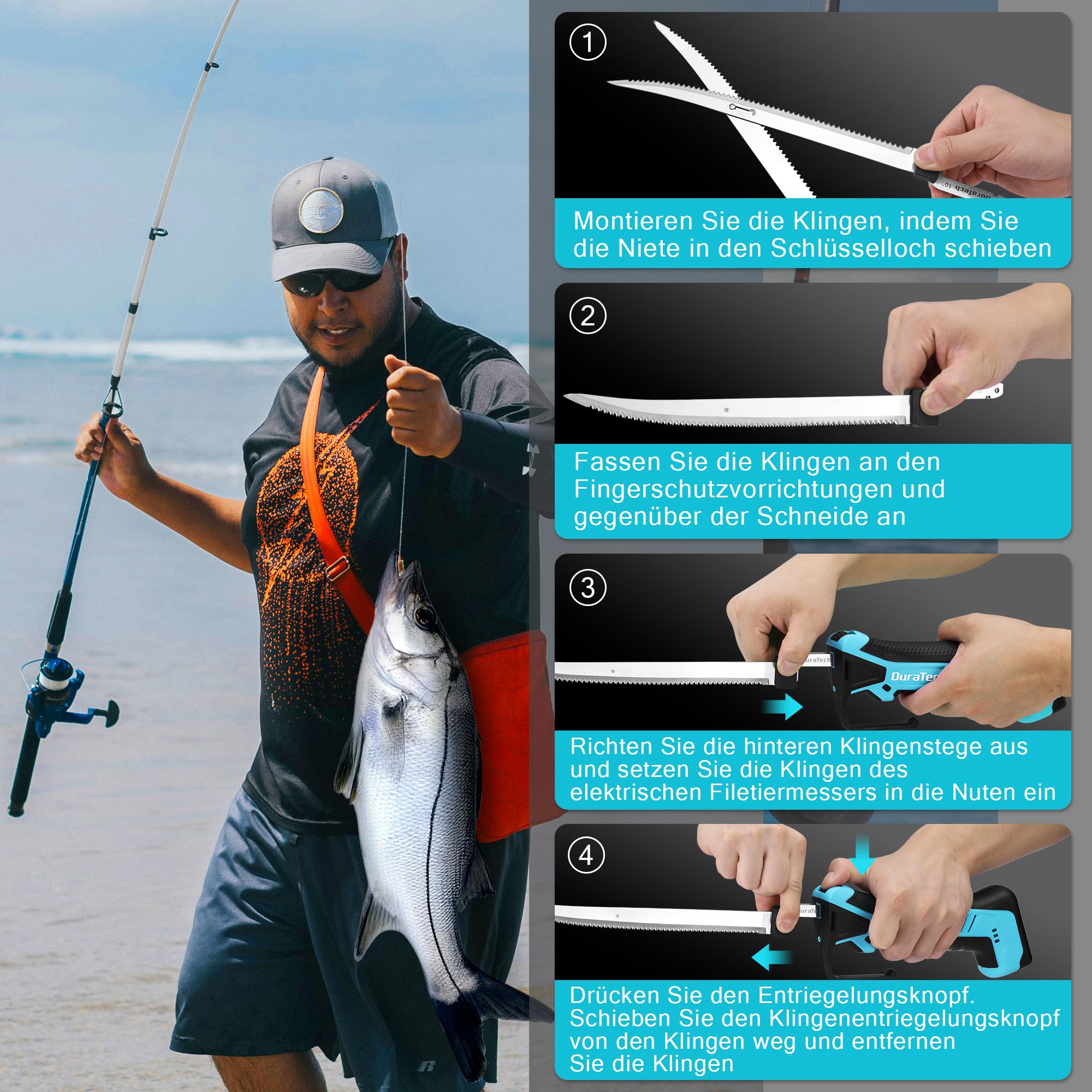DURATECH Elektromesser Akku Filetiermesser, Kabelloses Fischmesser, 12V Elektrisches Messer Fischfiletiermesser mit 2 Edelstahlklingen, Rutschfestem Griff und Aufbewahrungsbox zum Filetieren von Fisch