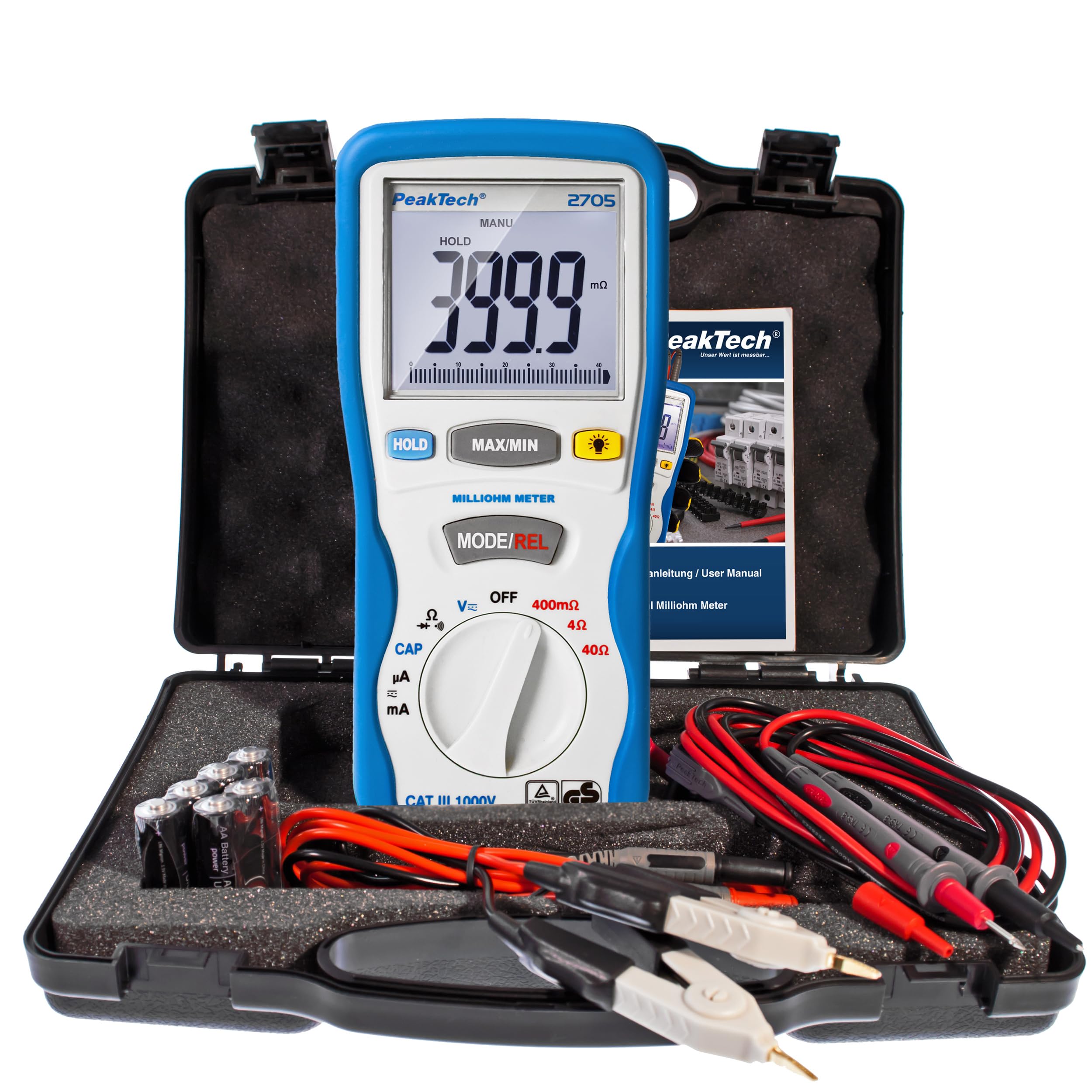 2705 Digital Milliohmmeter with 4-Pin Kelvin Test Leads, Resistance Measurements, TÜV/GS, Milliohm Meter, Current, Tester, Multimeter, Continuity Tester, CAT III 1000 V, P 2705