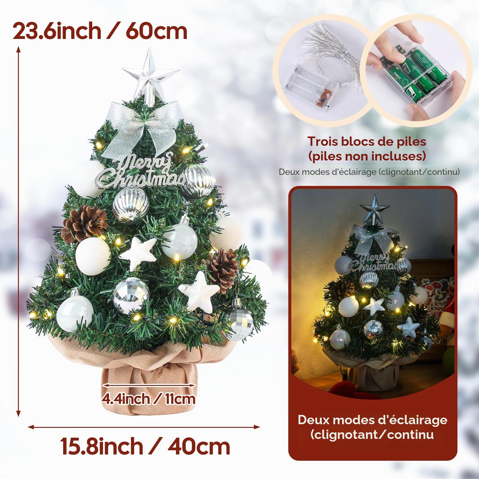 Mini sapin de Noël Petit sapin de Noël avec éclairage LED, décoré artificiellement pour Noël, petit sapin de Noël de table, 60 cm