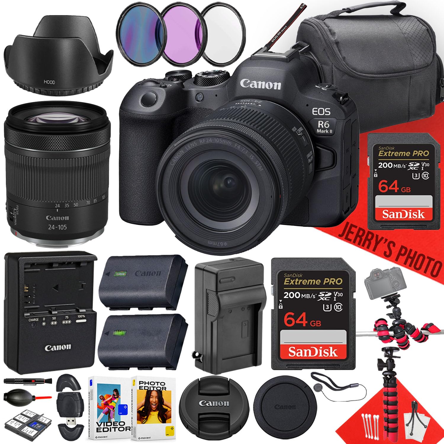 Canon EOS R6 Mark II Mirrorless Camera with 24-105mm f/4-7.1 IS STM Lens + 128GB and 64GB Memory + Hood + Extra Battery + Filters + More (26pc Bundle) (Renewed)