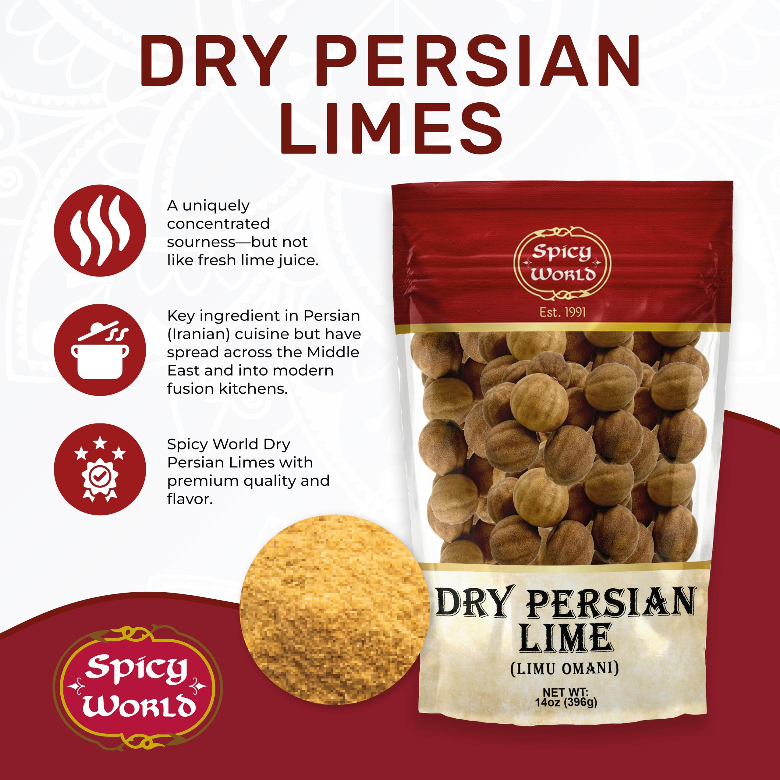 Spicy World Dried Persian Limes (Lime Omani) 14 Ounce Bag - Approx 50-60 Count! - Limu Omani Dried Whole Lime