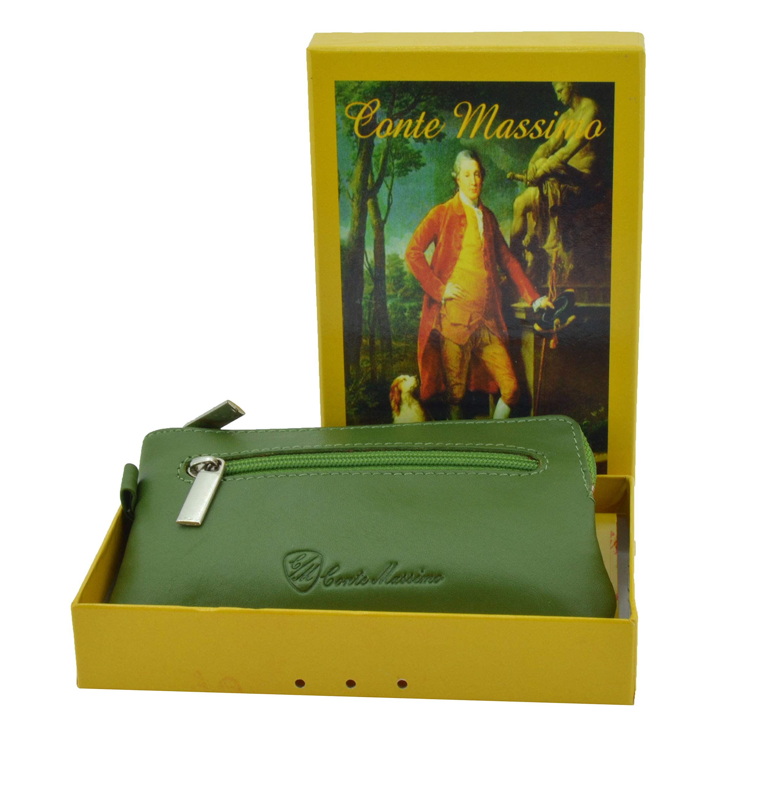 Portachiavi Portamonete Unisex, Vera Pelle, 2 Tasche con Cerniera, Scatola Regalo
