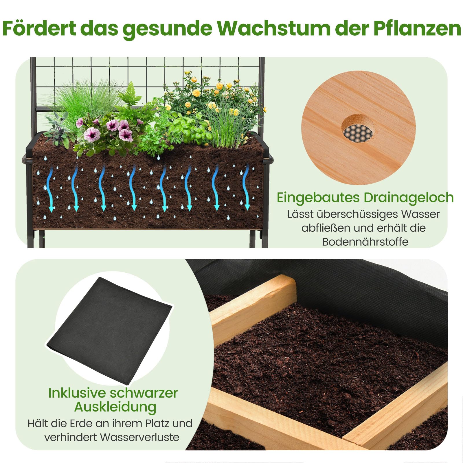 GOPLUS Verhoogde plantenbak met rankrooster, verhoogde plantenbak met 3 hoogtes en zelfbewatering, bloempot met wieltjes, bloembak, plantenbak, klimhulp, plantentoren voor klimplanten