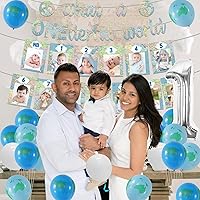 Vista 5 de Decoraciones de primer cumpleaños para niño con texto en inglés «What a Onederful World», decoraciones de viaje alrededor del mundo, suministros
